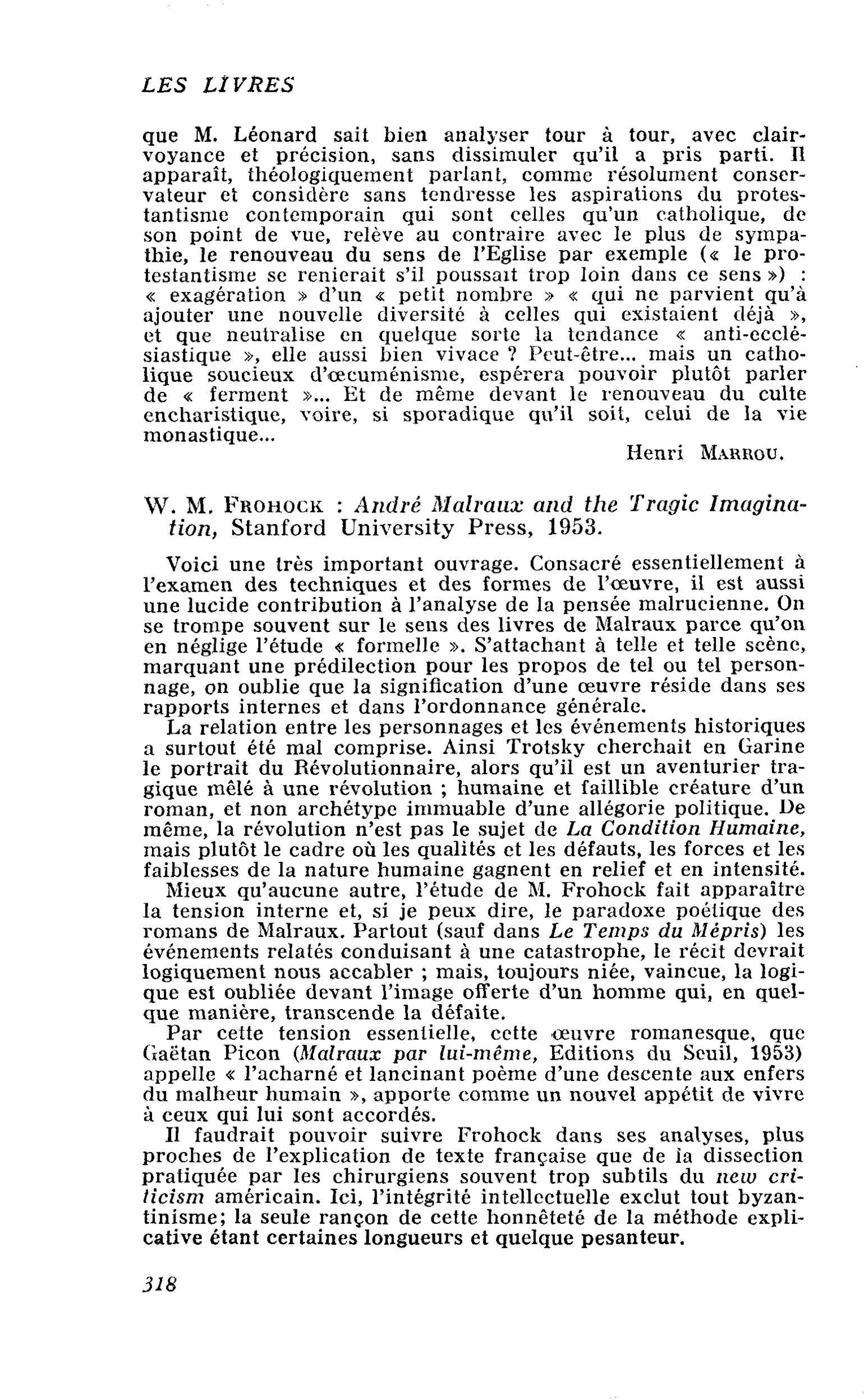 W. M. Frohock : André Malraux and the Tragic Imagination