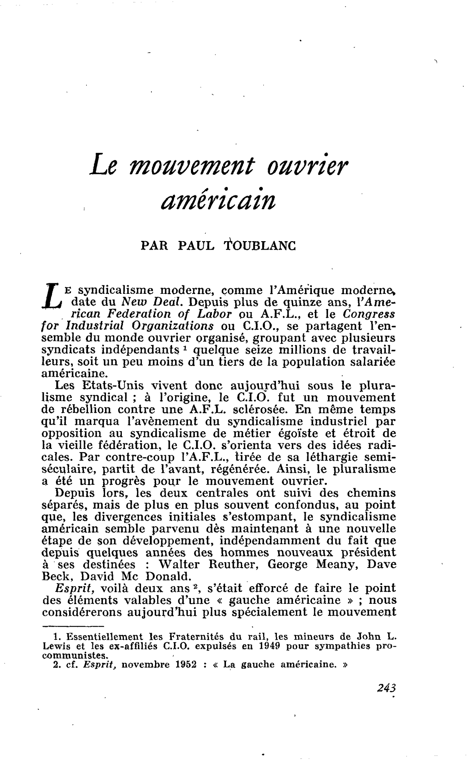 Le mouvement ouvrier américain