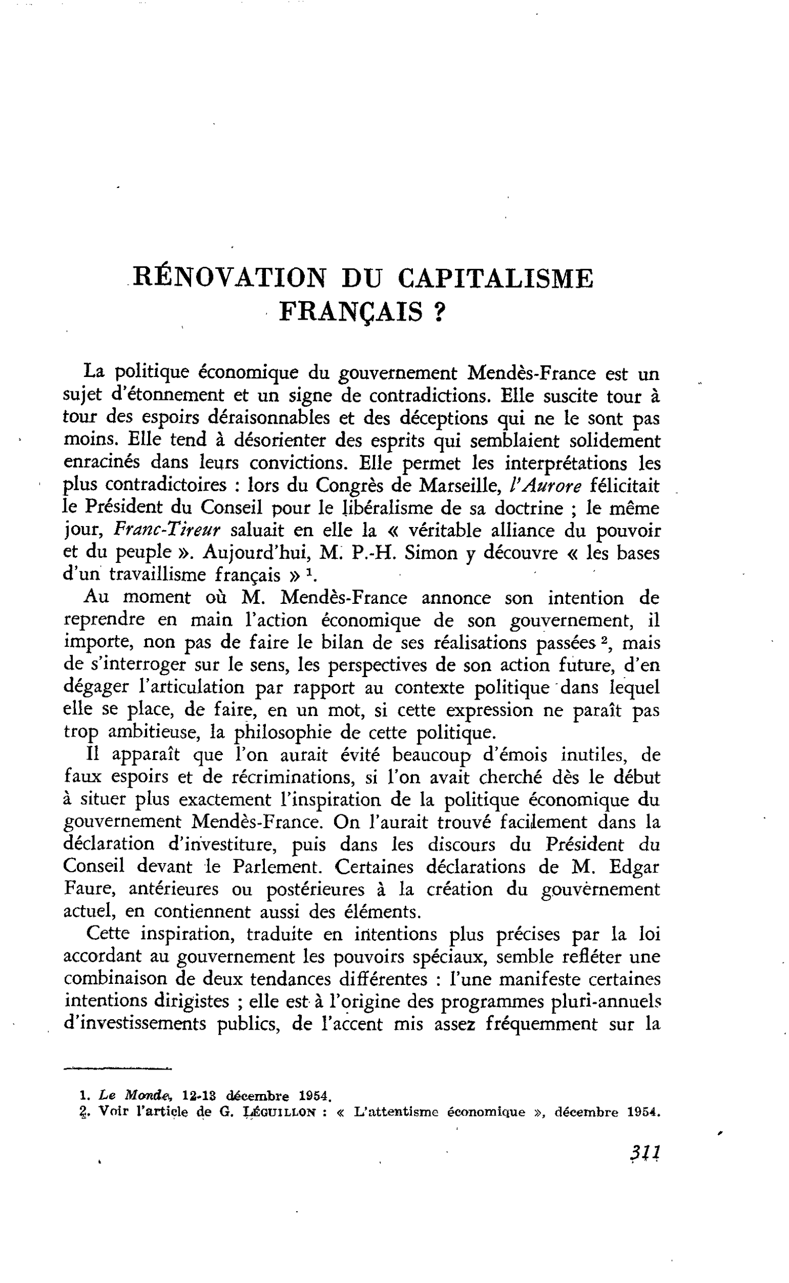 RÉNOVATION DU CAPITALISME FRANÇAIS ?