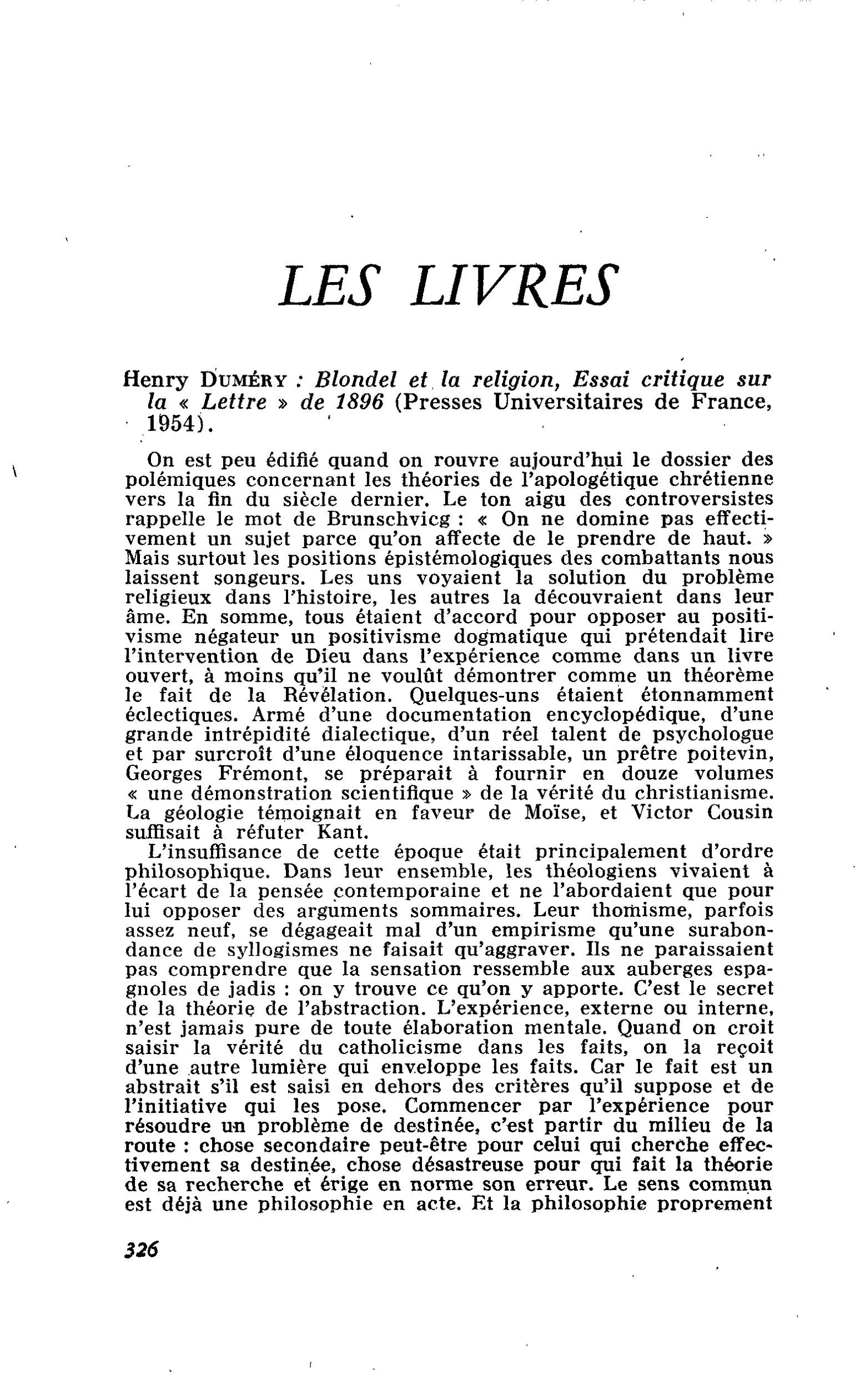 Henry Duméry : Blondel et la religion, Essai critique sur la « Lettre » de 1896