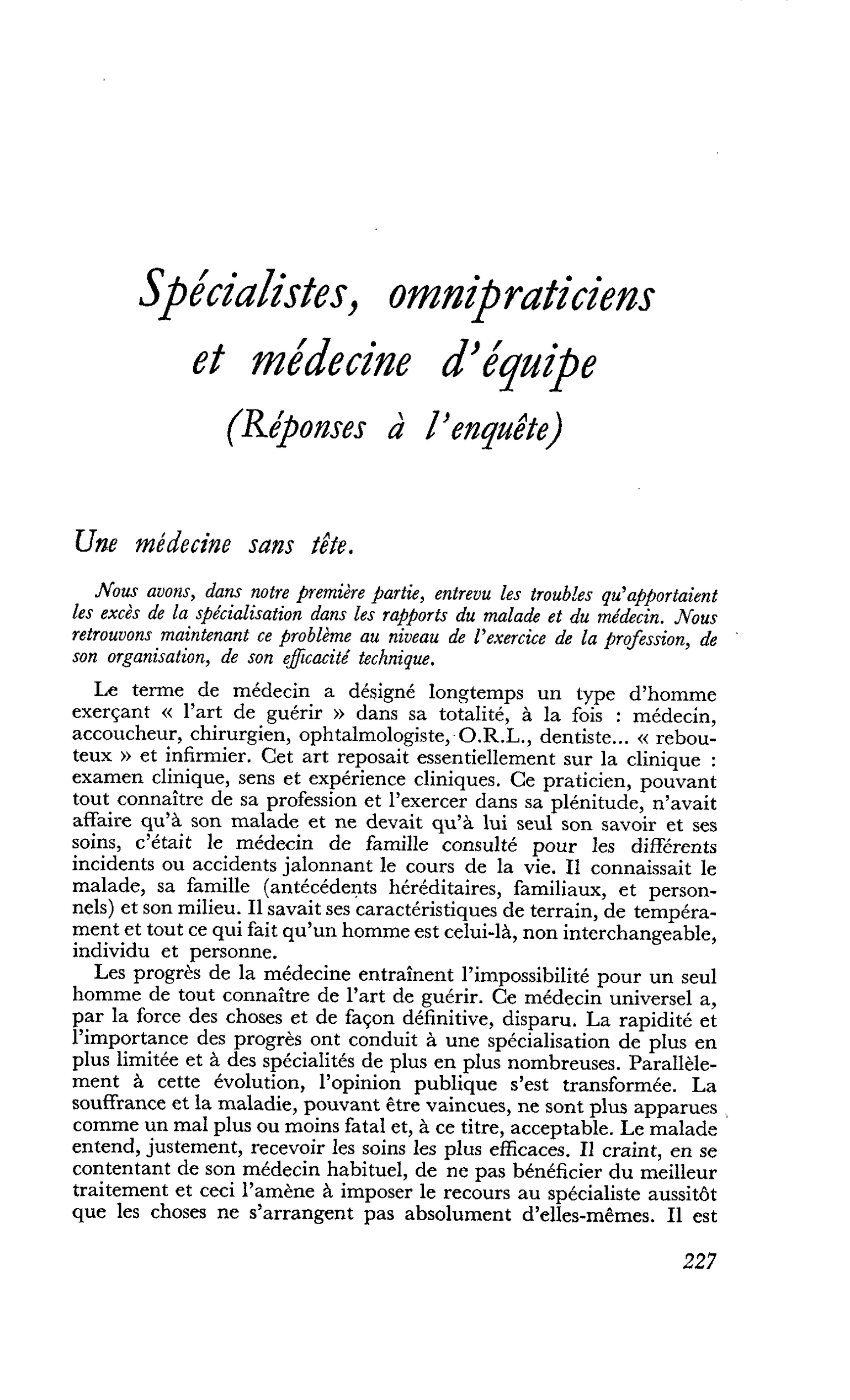 Spécialistes, omnipraticiens et médecine d’équipe (Réponses à l’enquête)