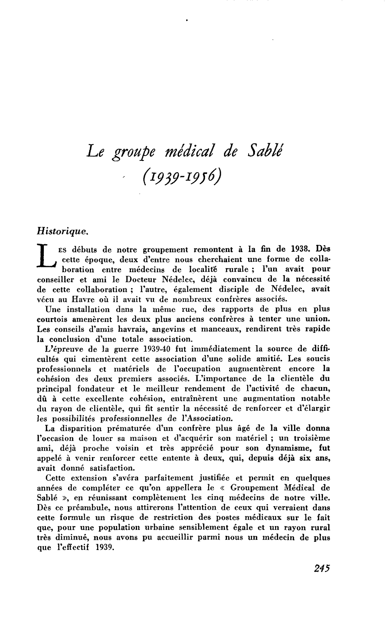Le groupe médical de Sablé (1939-1956)
