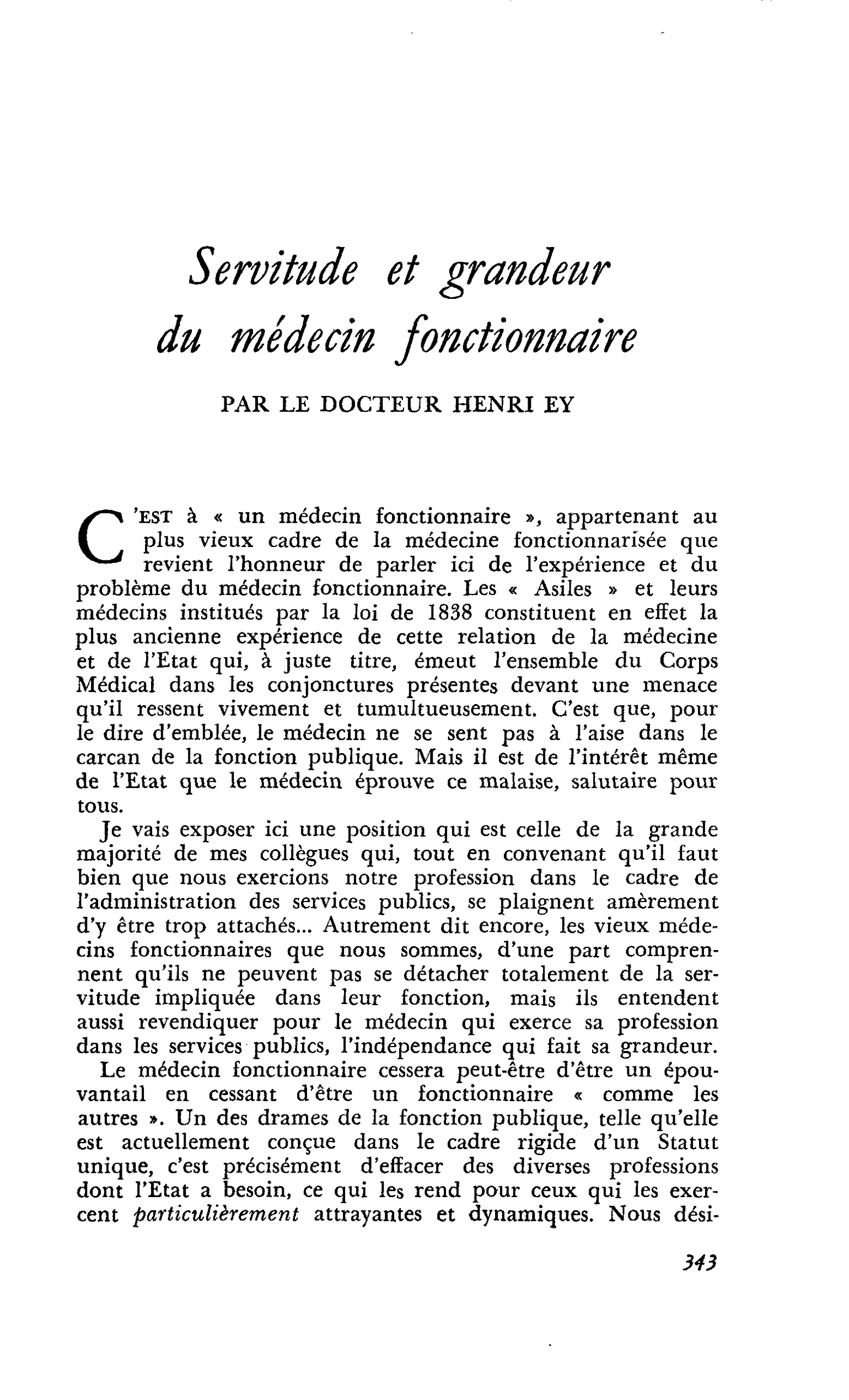 Servitude et grandeur du médecin fonctionnaire