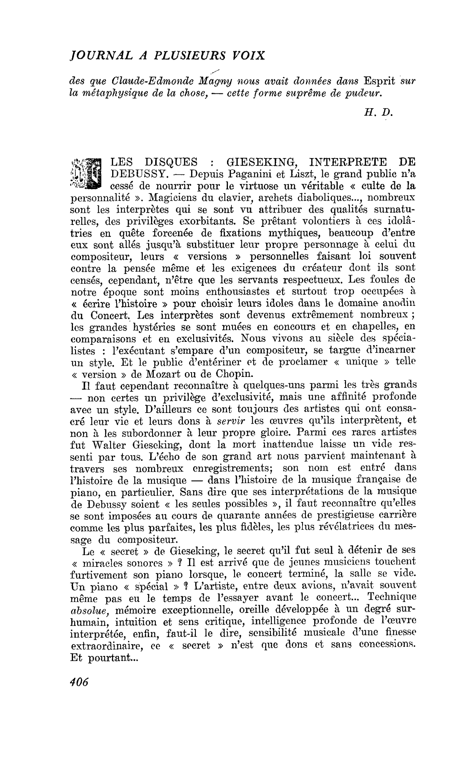 LES DISQUES : GIESEKING, INTERPRETE DE DEBUSSY