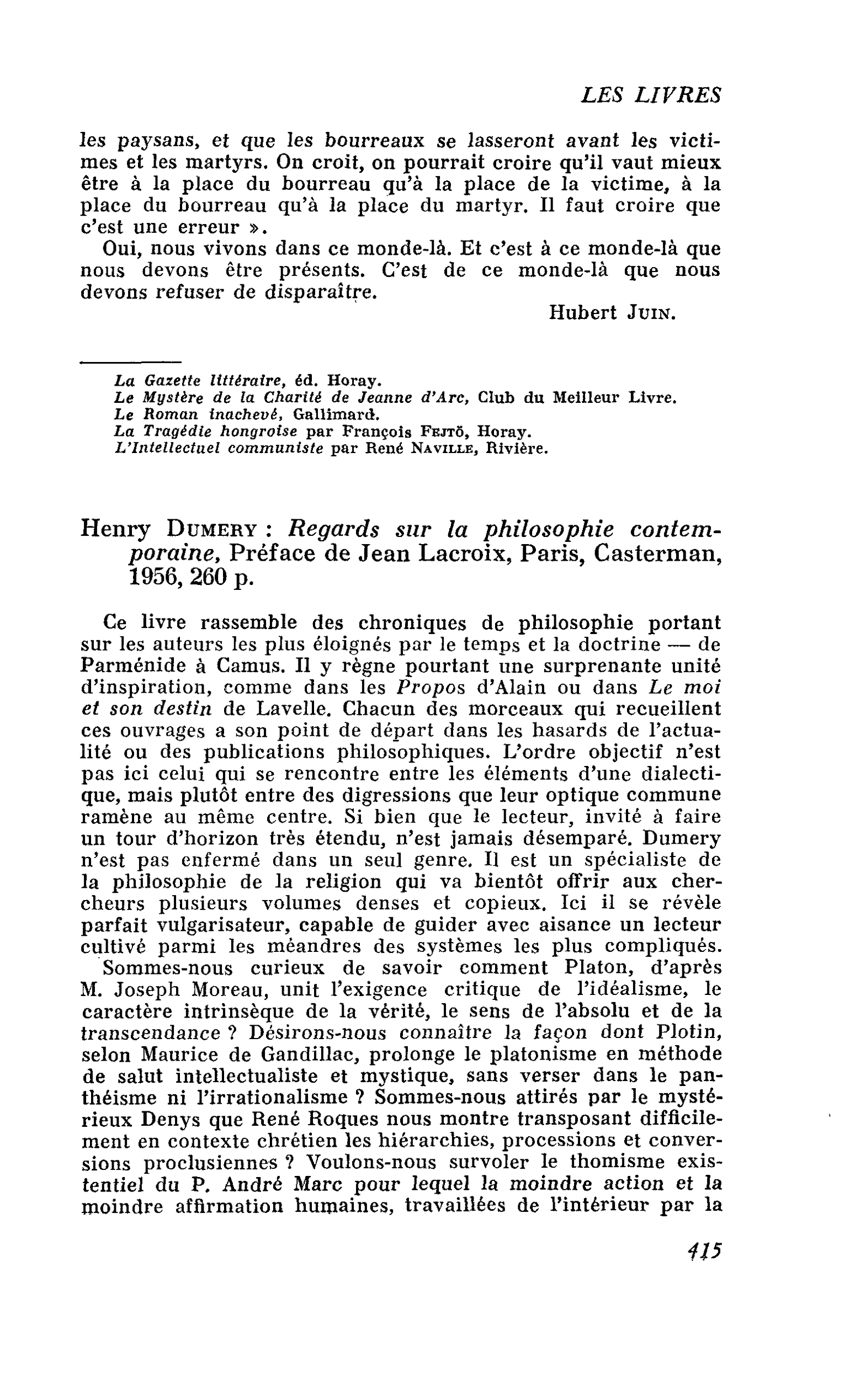 Henry Dumery : Regards sur la philosophie contemporaine