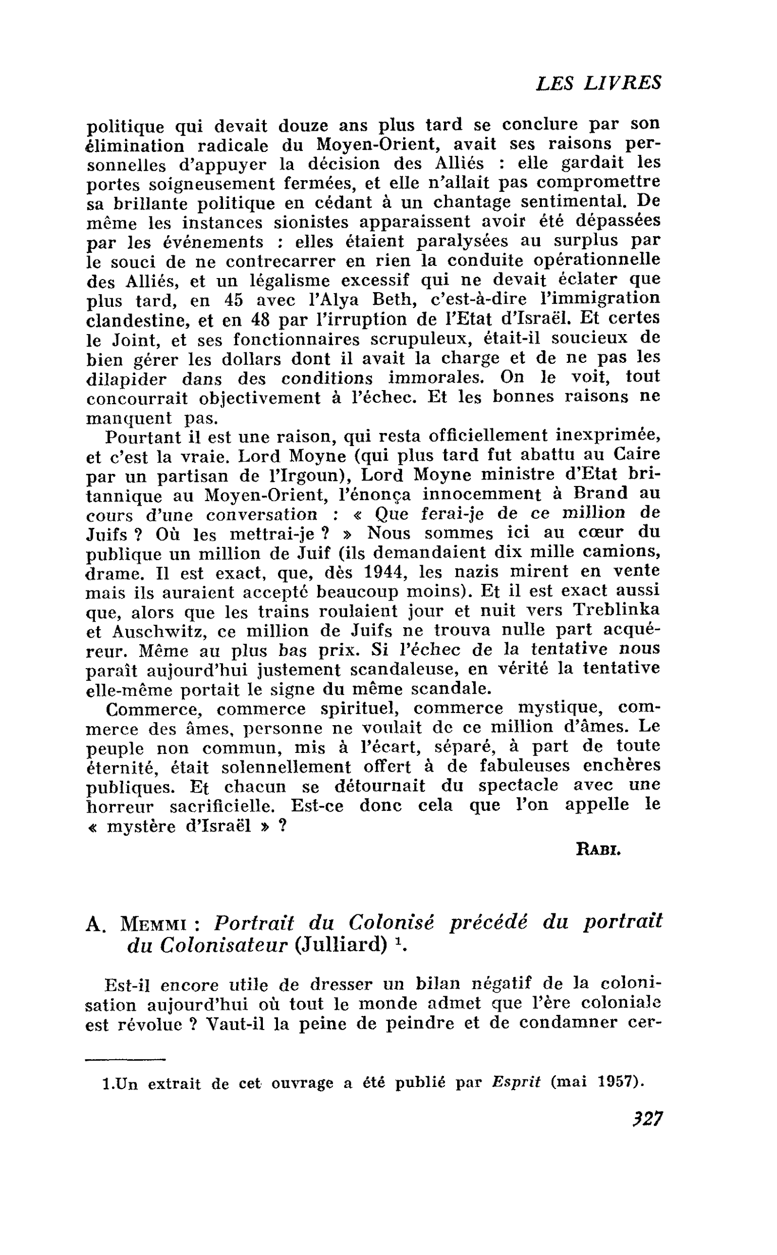 A. Memmi : Portrait du Colonisé précédé du portrait du Colonisateur