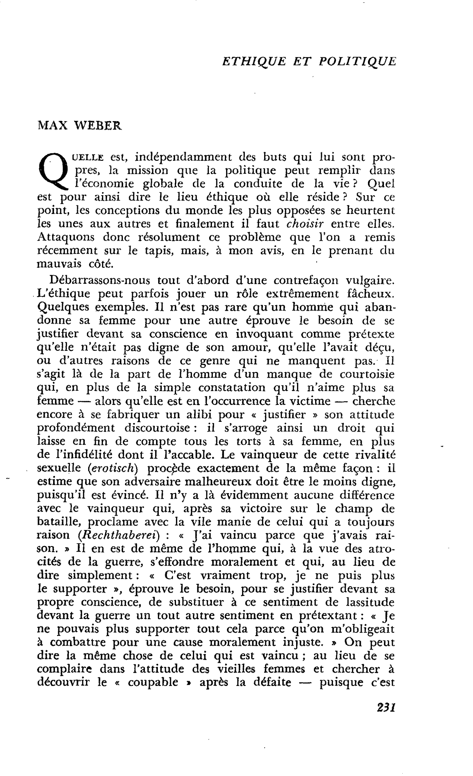 Ethique et politique : MAX WEBER