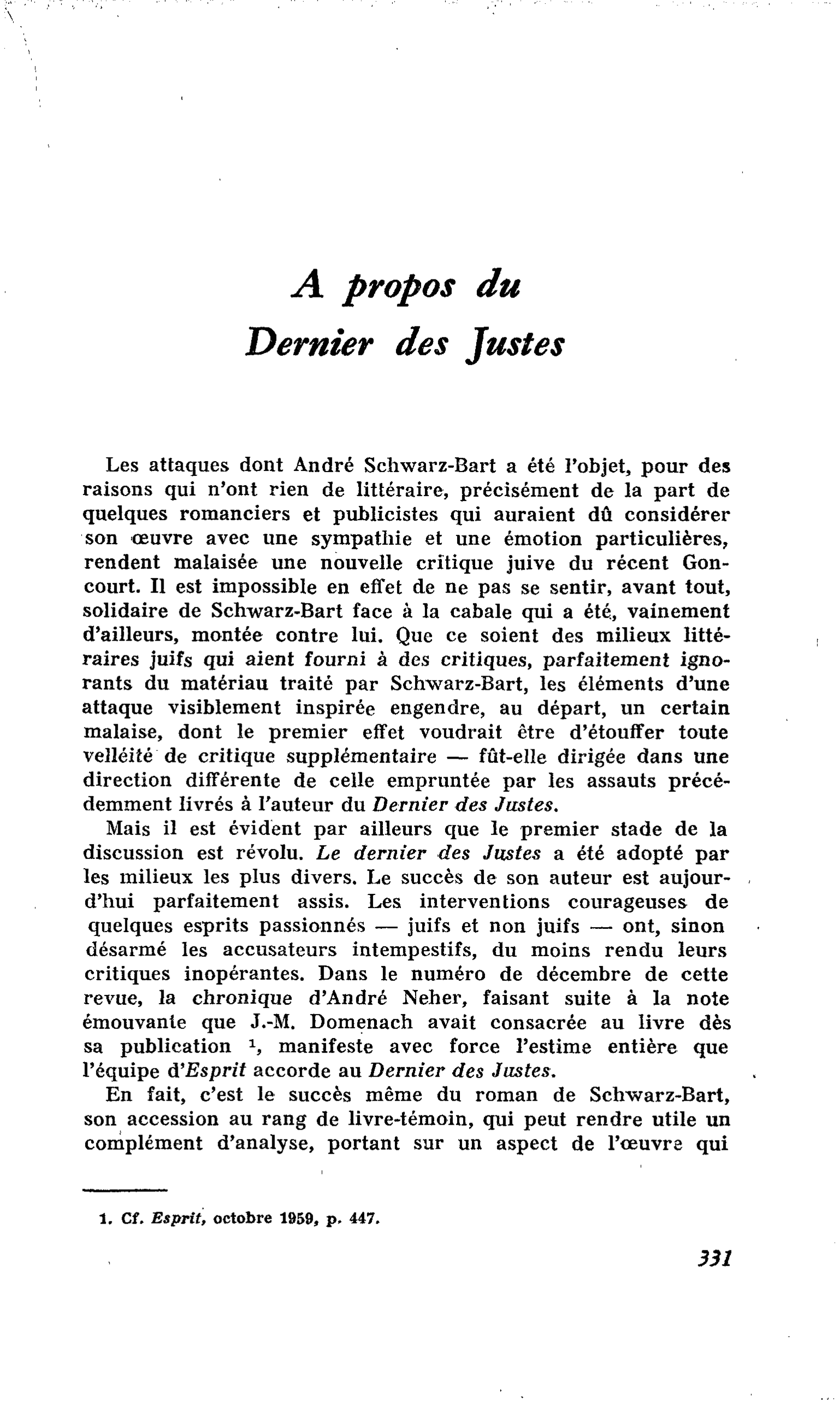 A propos du Dernier des Justes