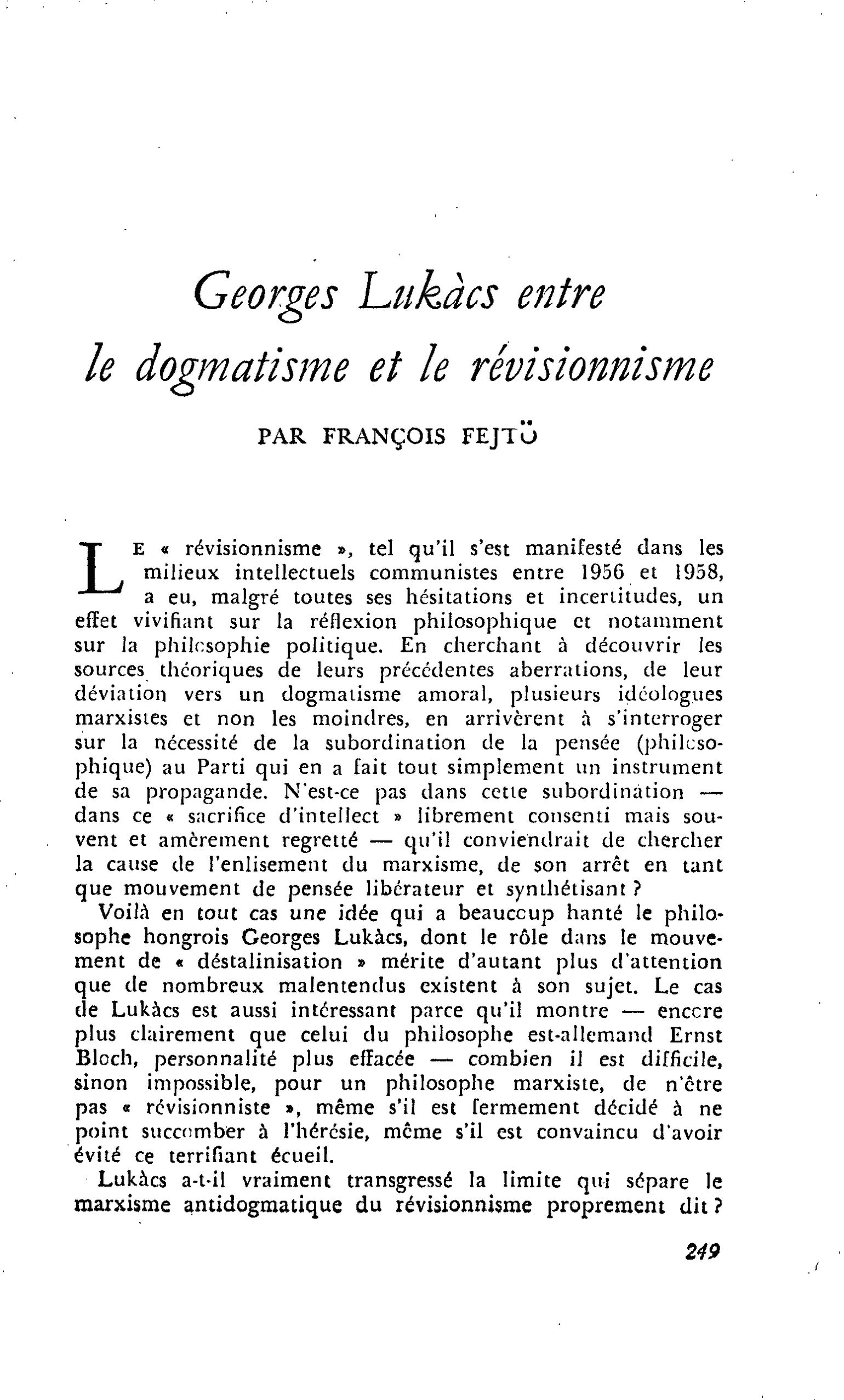Georges Lukàcs entre le dogmatisme et le révisionnisme