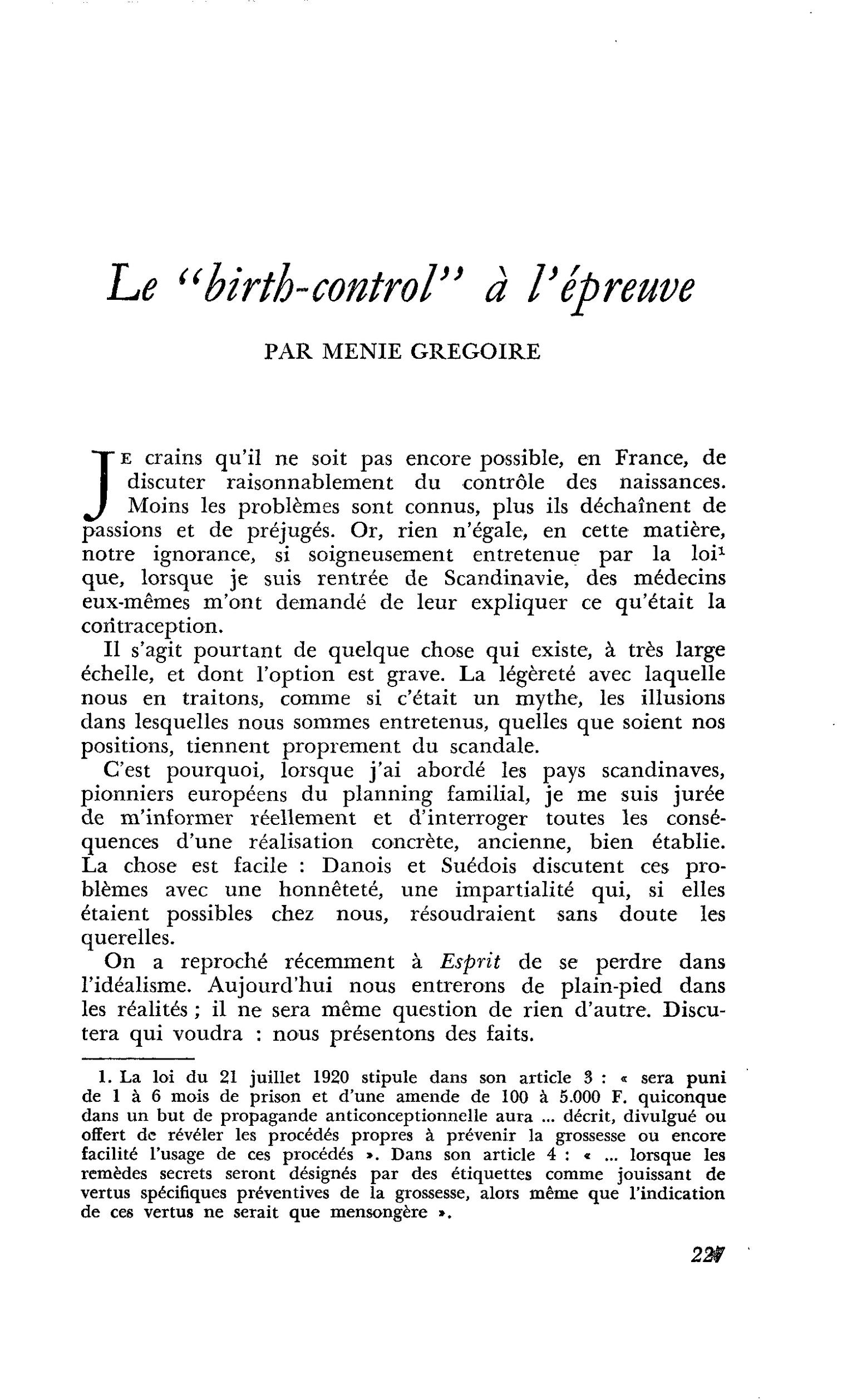 Le « birth-control » à l’épreuve