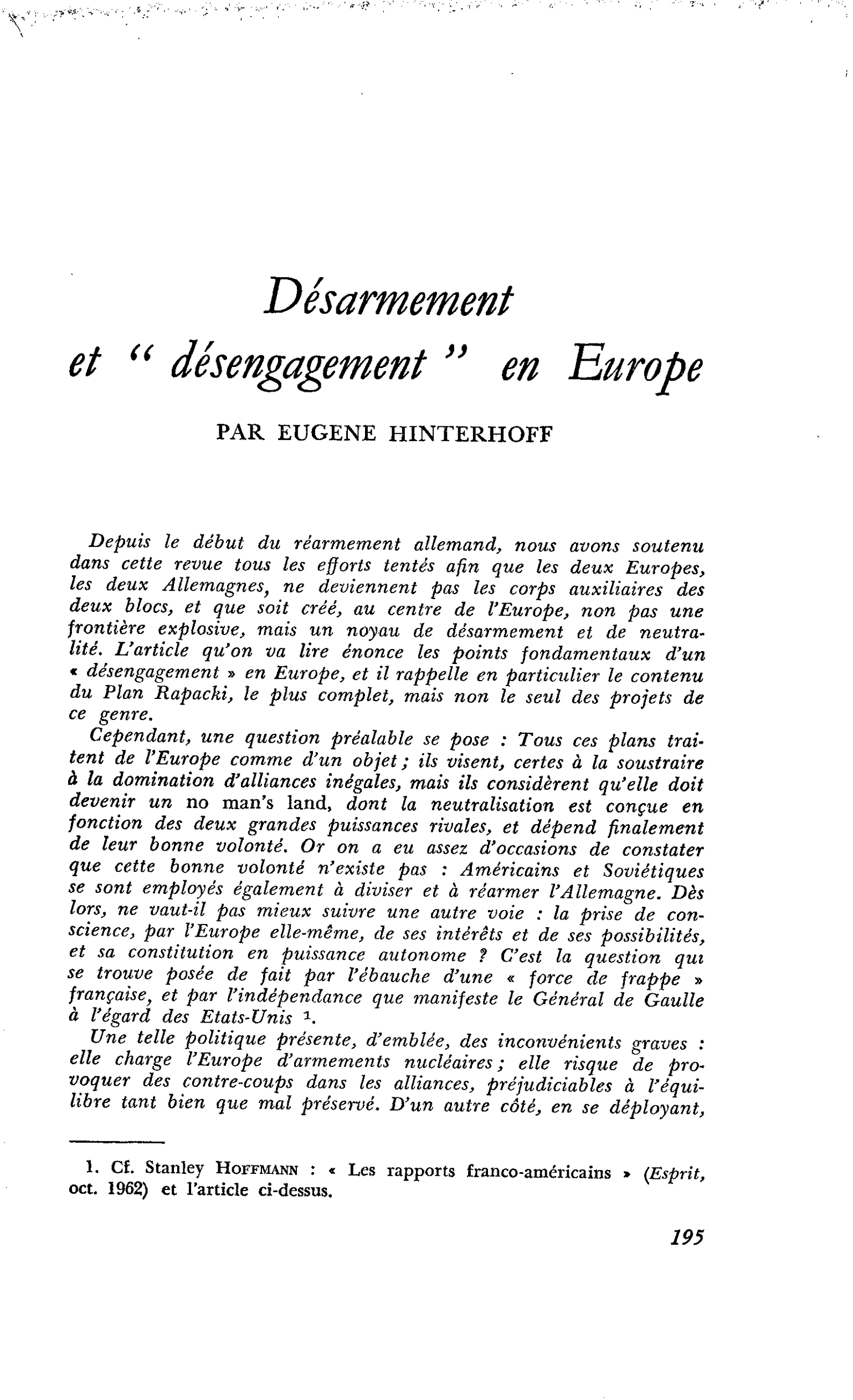 Désarmement et « désengagement » en Europe