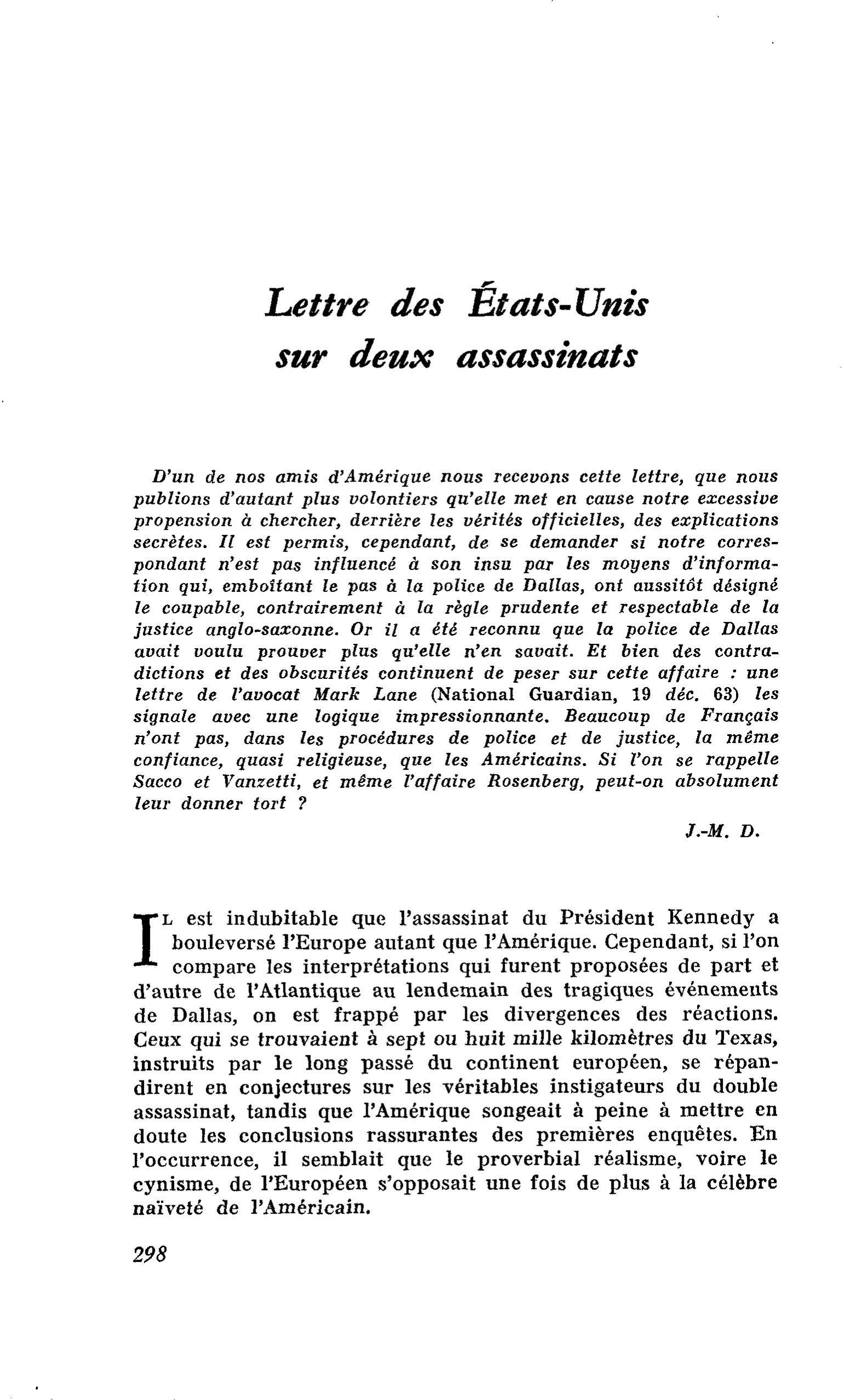 Lettre des États-Unis sur deux assassinats