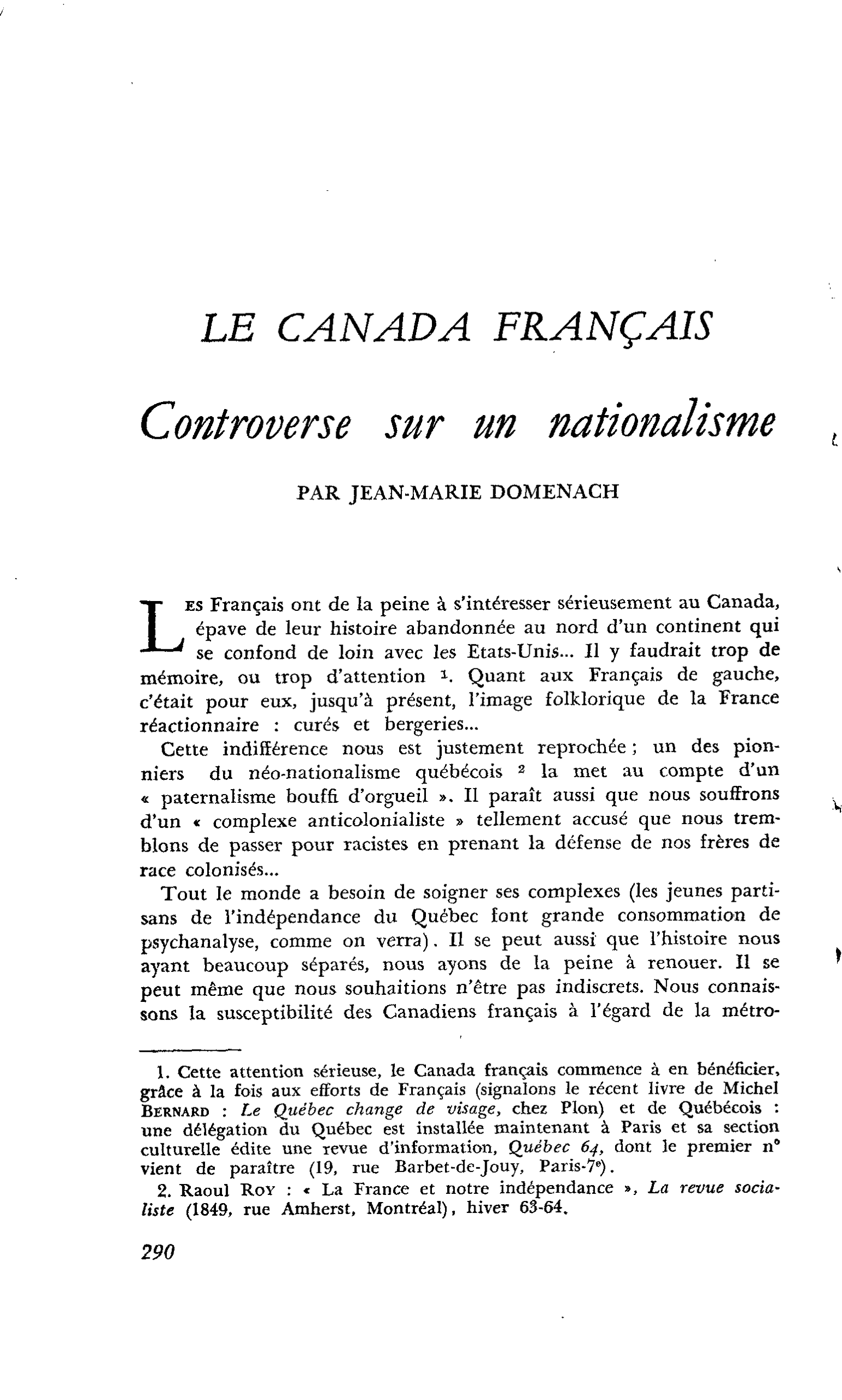 LE CANADA FRANÇAIS. Controverse sur un nationalisme