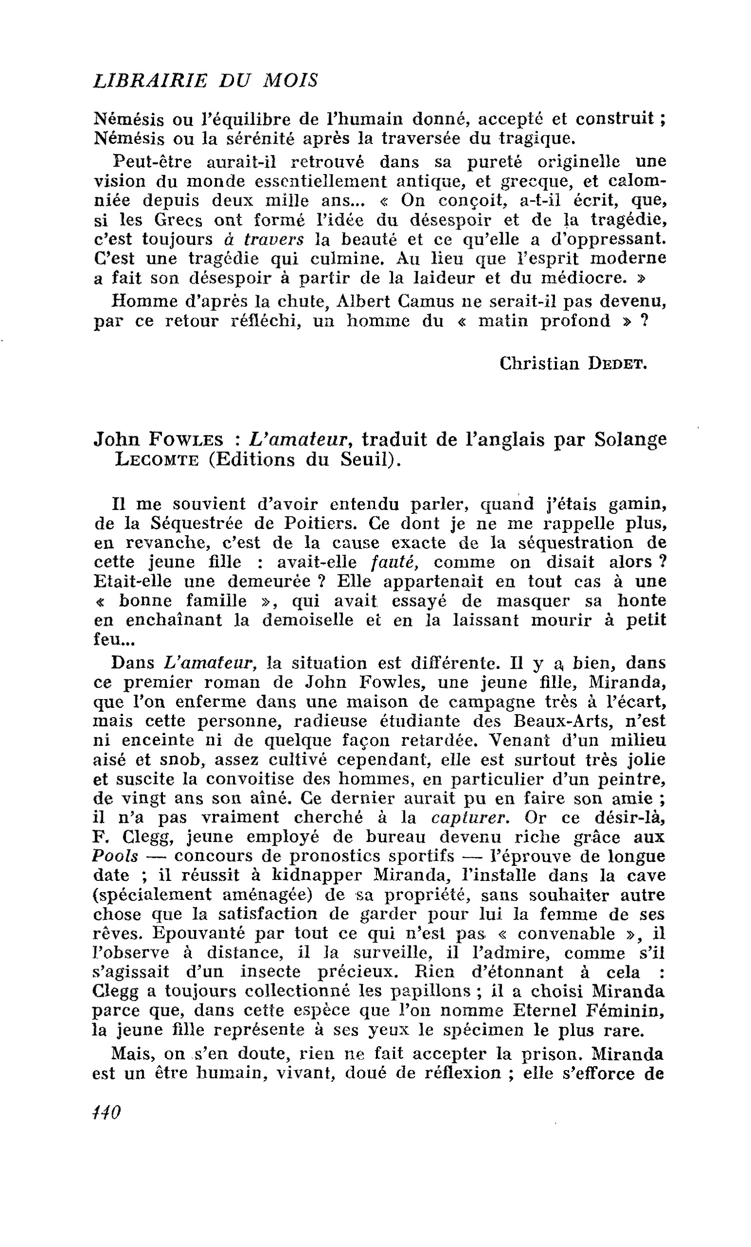 John Fowles : L’amateur, traduit de l’anglais par Solange Lecomte