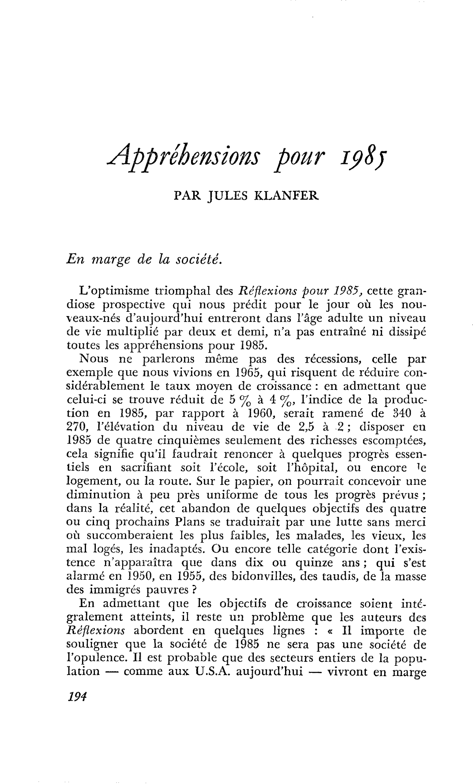 Appréhensions pour 1985