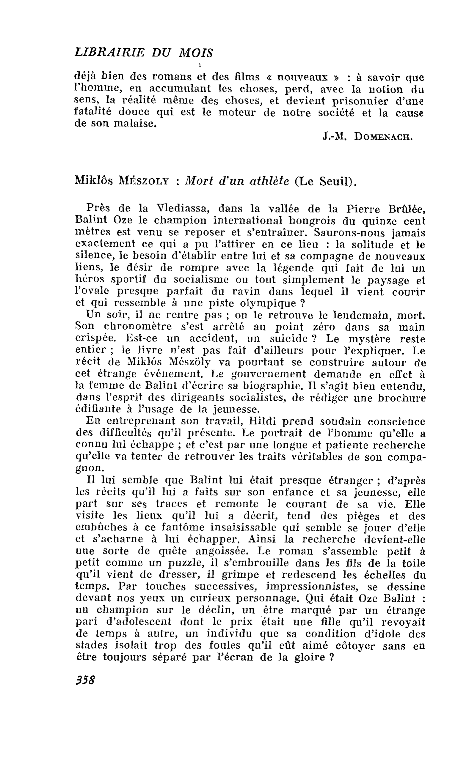 Miklôs Mészoly : Mort d’un athlète