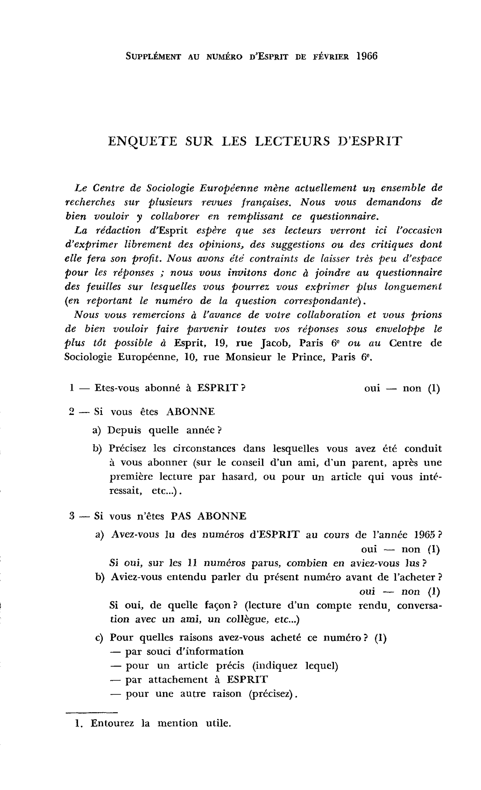 Supplément au numéro d’Esprit de février 1966