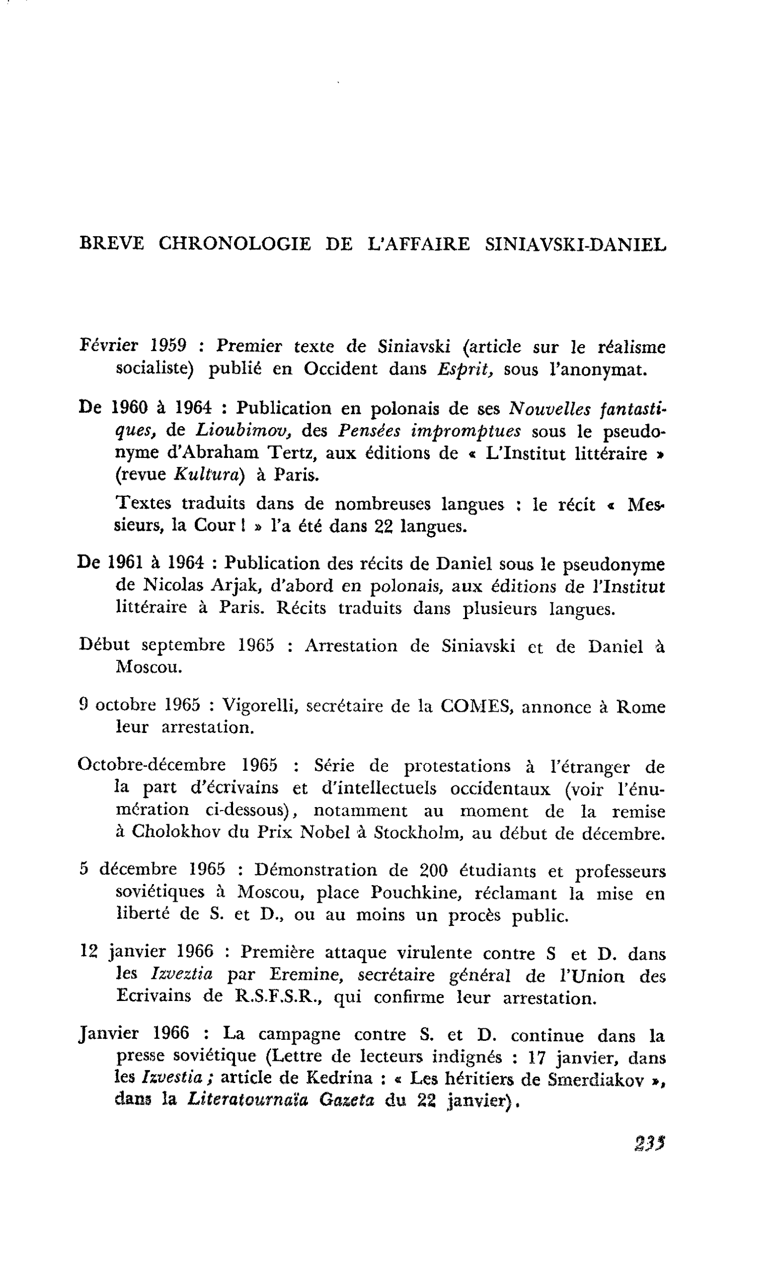Brève chronologie de l’affaire Siniavski-Daniel