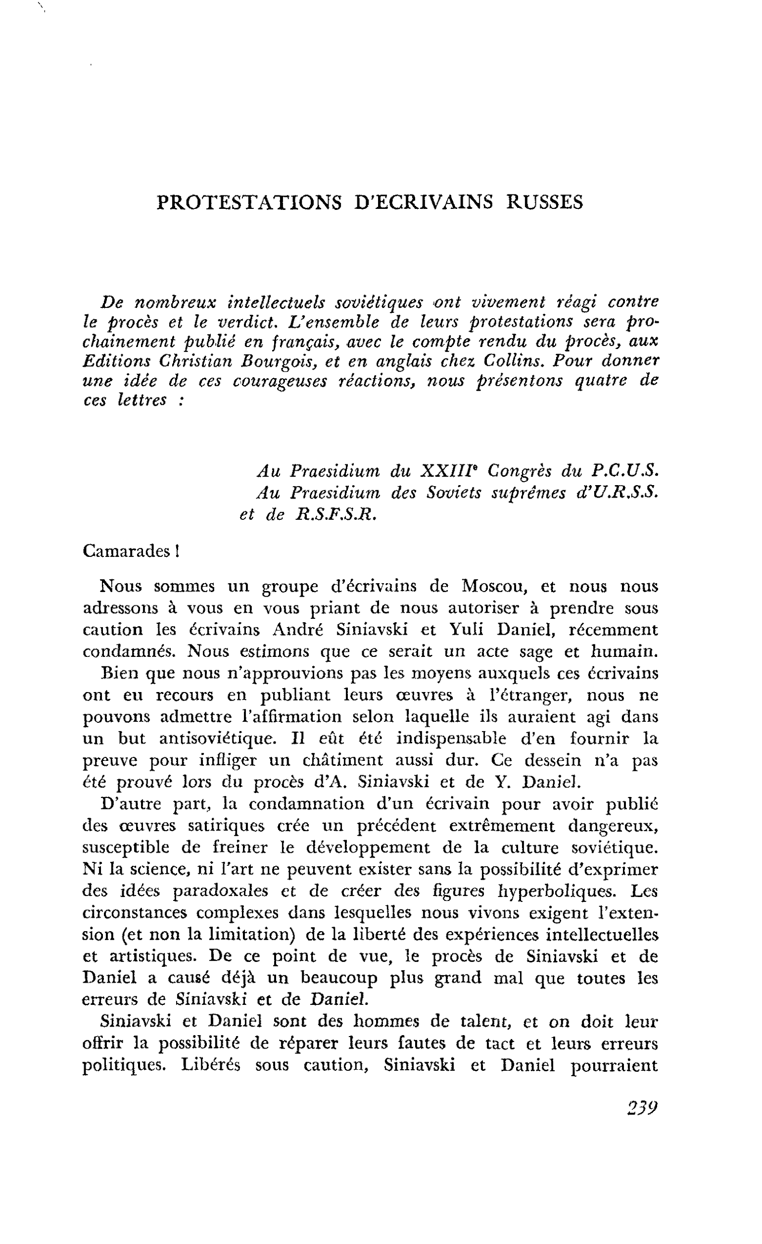 PROTESTATIONS D’ECRIVAINS RUSSES