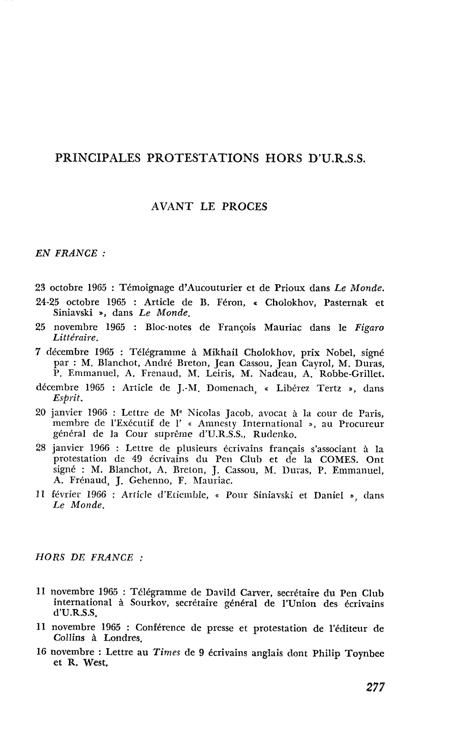 PRINCIPALES PROTESTATIONS HORS D’U.R.S.S.