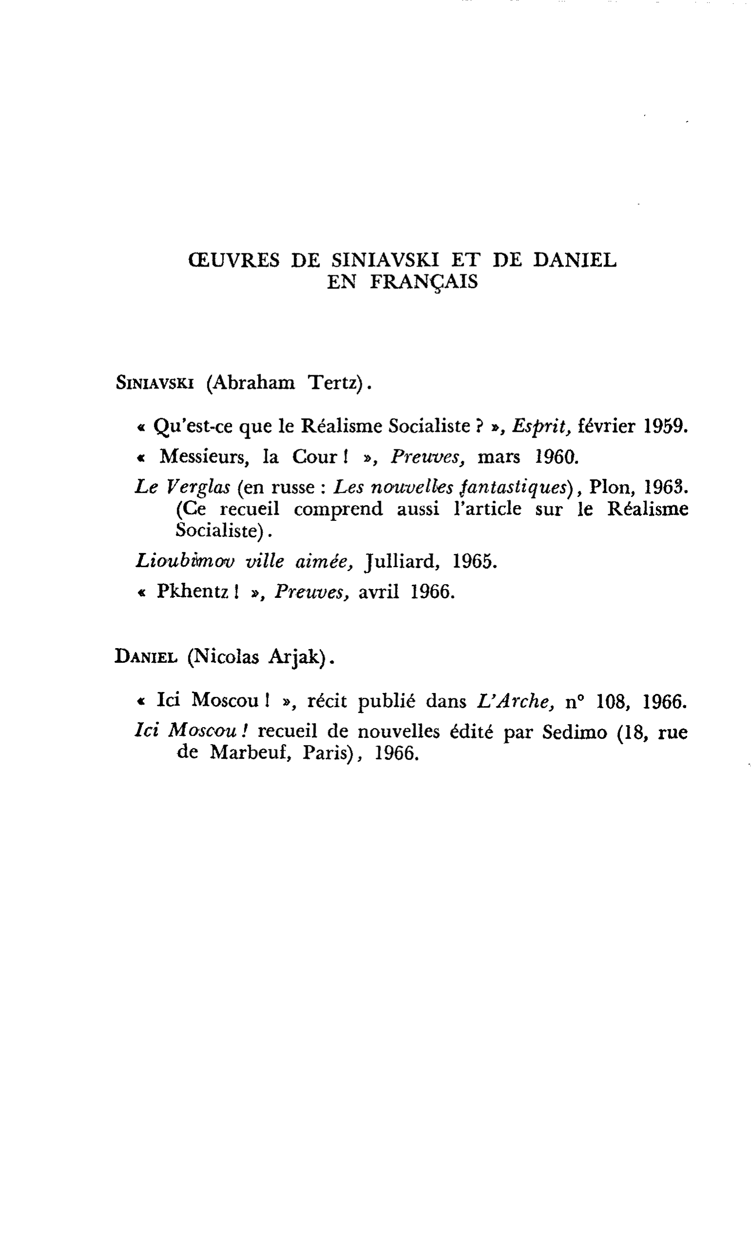 OEUVRES DE SINIAVSKI ET DE DANIEL EN FRANÇAIS