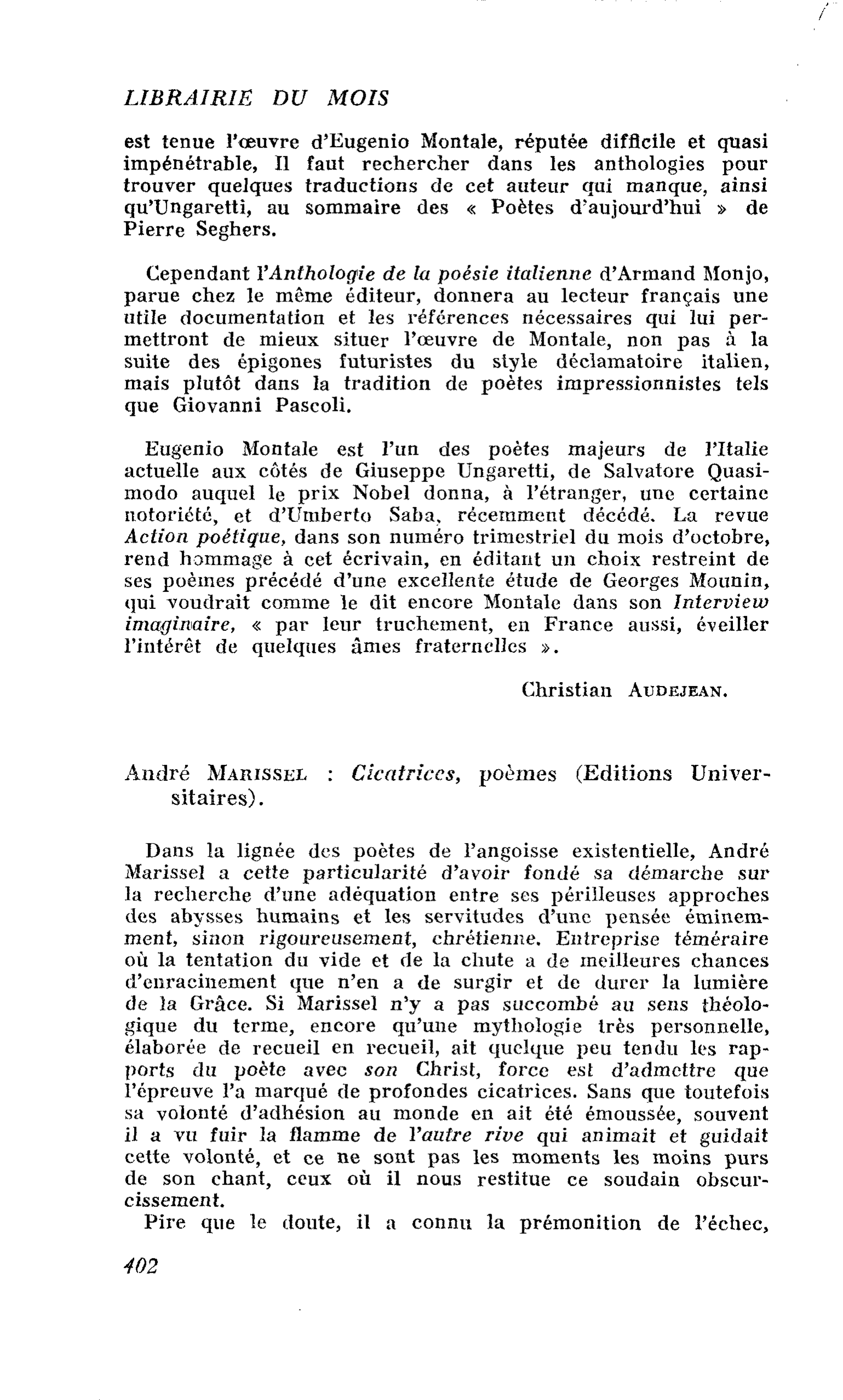 André Marissel : Cicatrices, poèmes