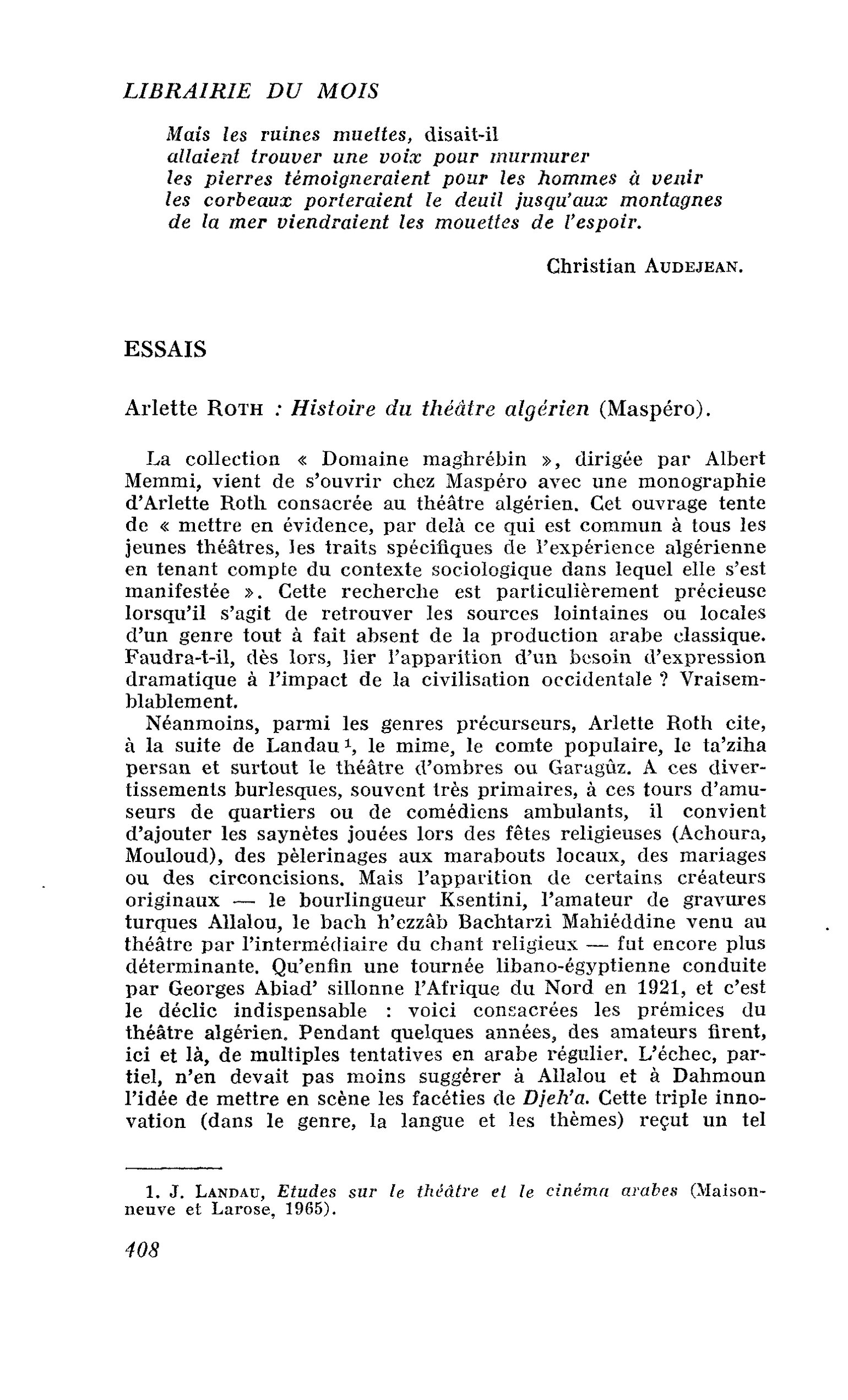 Ariette Roth : Histoire du théâtre algérien