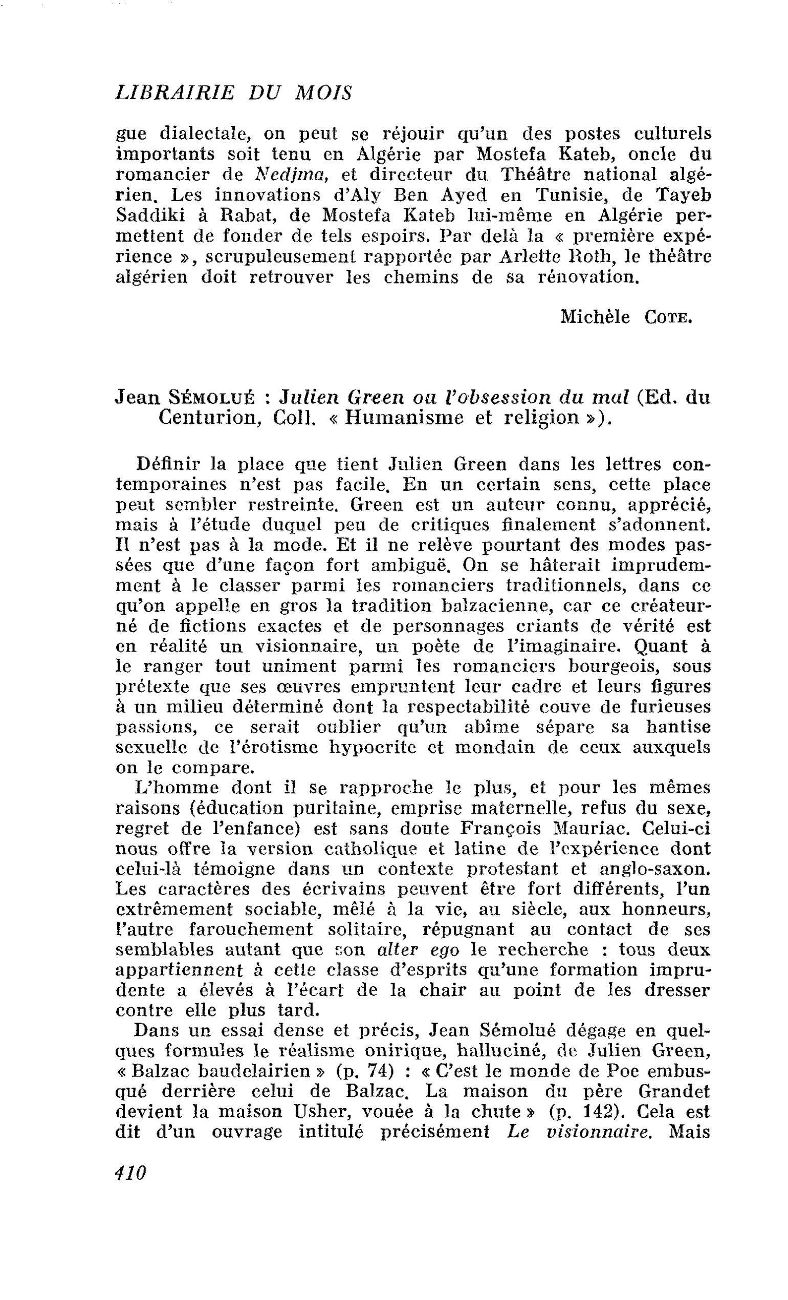 Jean Sémolué : Julien Green ou l’obsession du mal