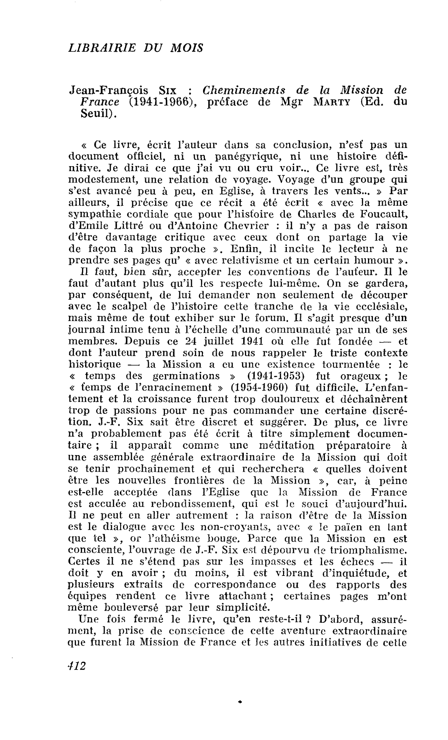 Jean-François Six : Cheminements de la Mission de France (1941-1966)