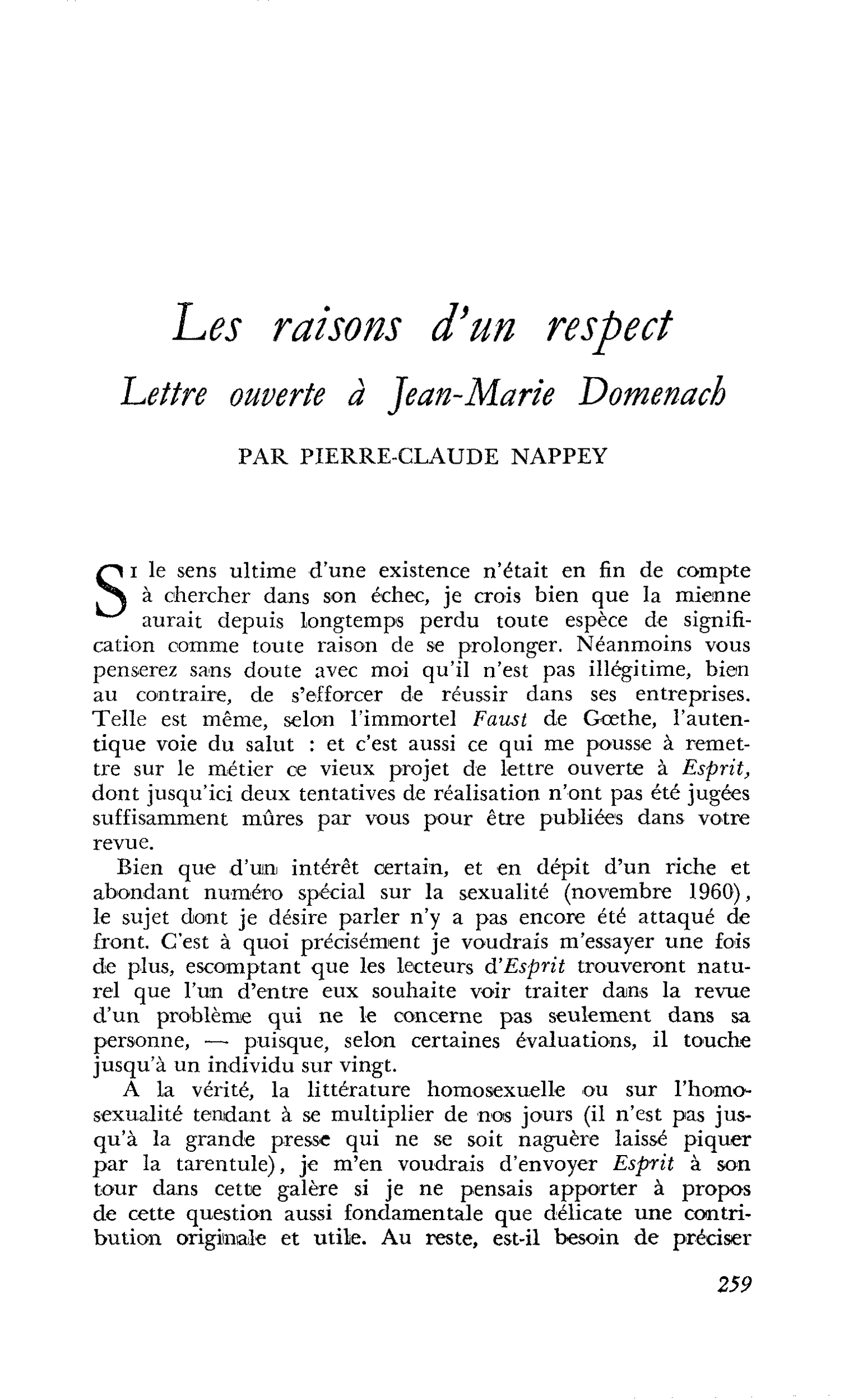 Les raisons d’un respect. Lettre ouverte à Jean-Marie Domenach