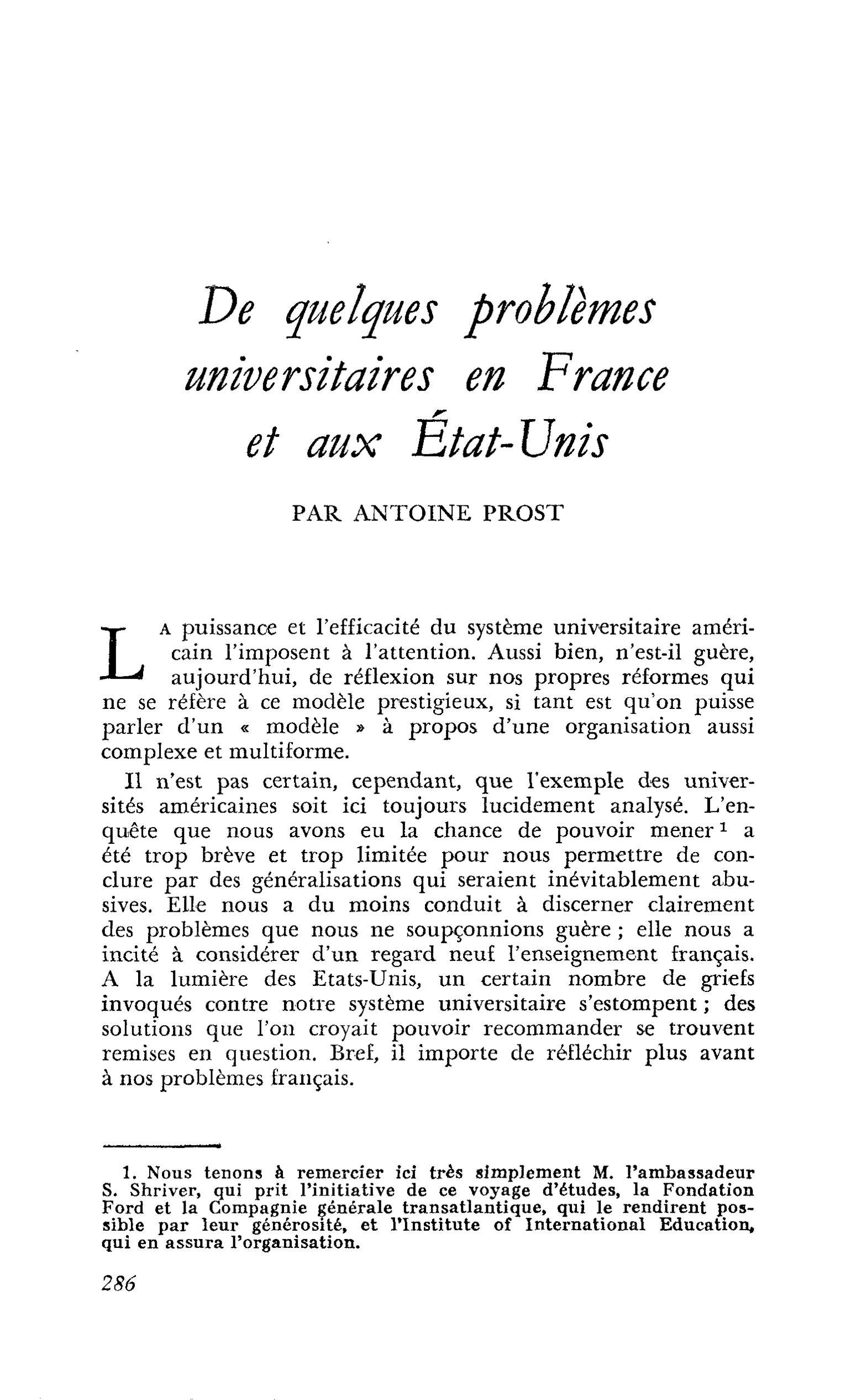 De quelques problèmes universitaires en France et aux Etats-Unis