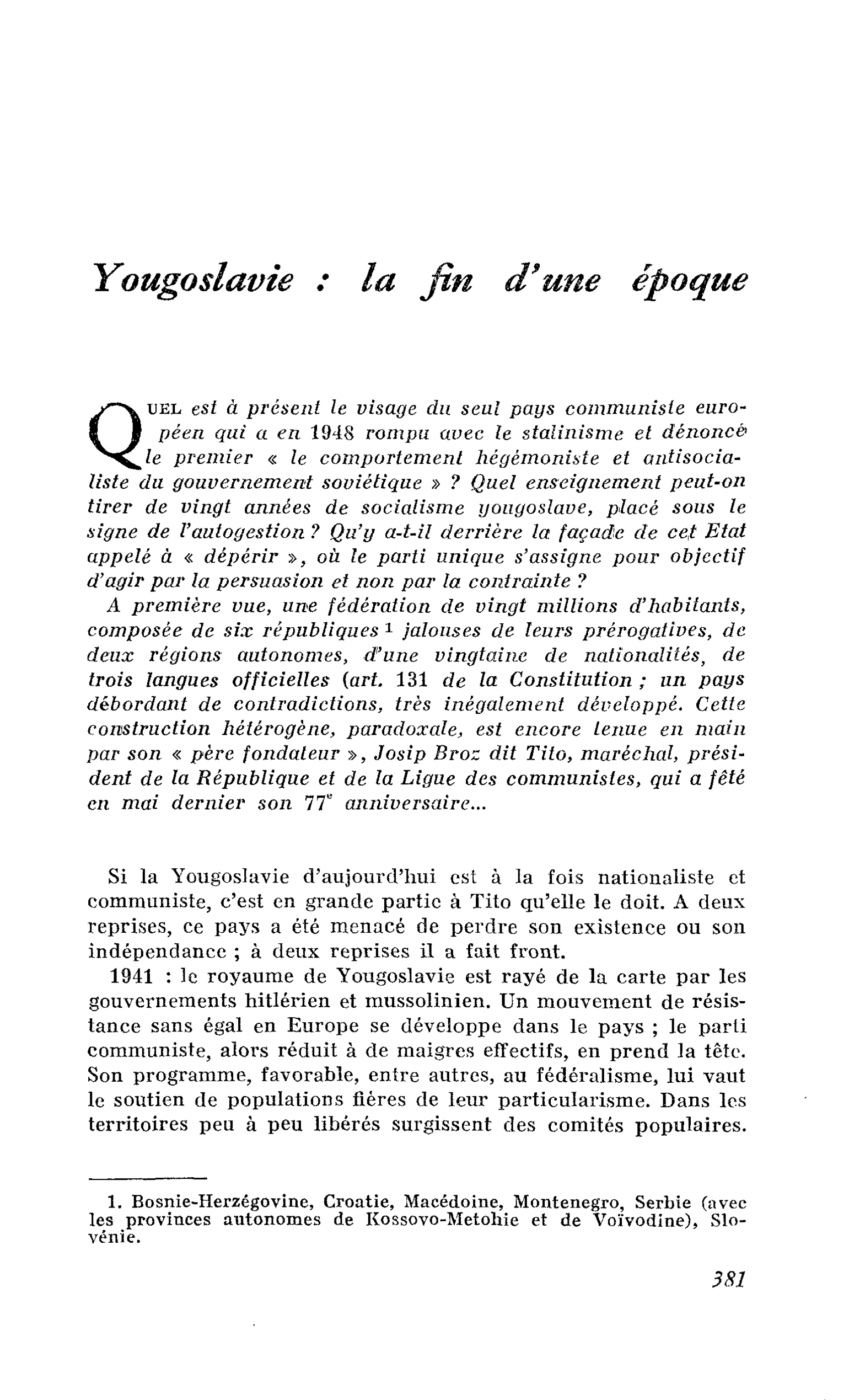Yougoslavie : la fin d’une époque