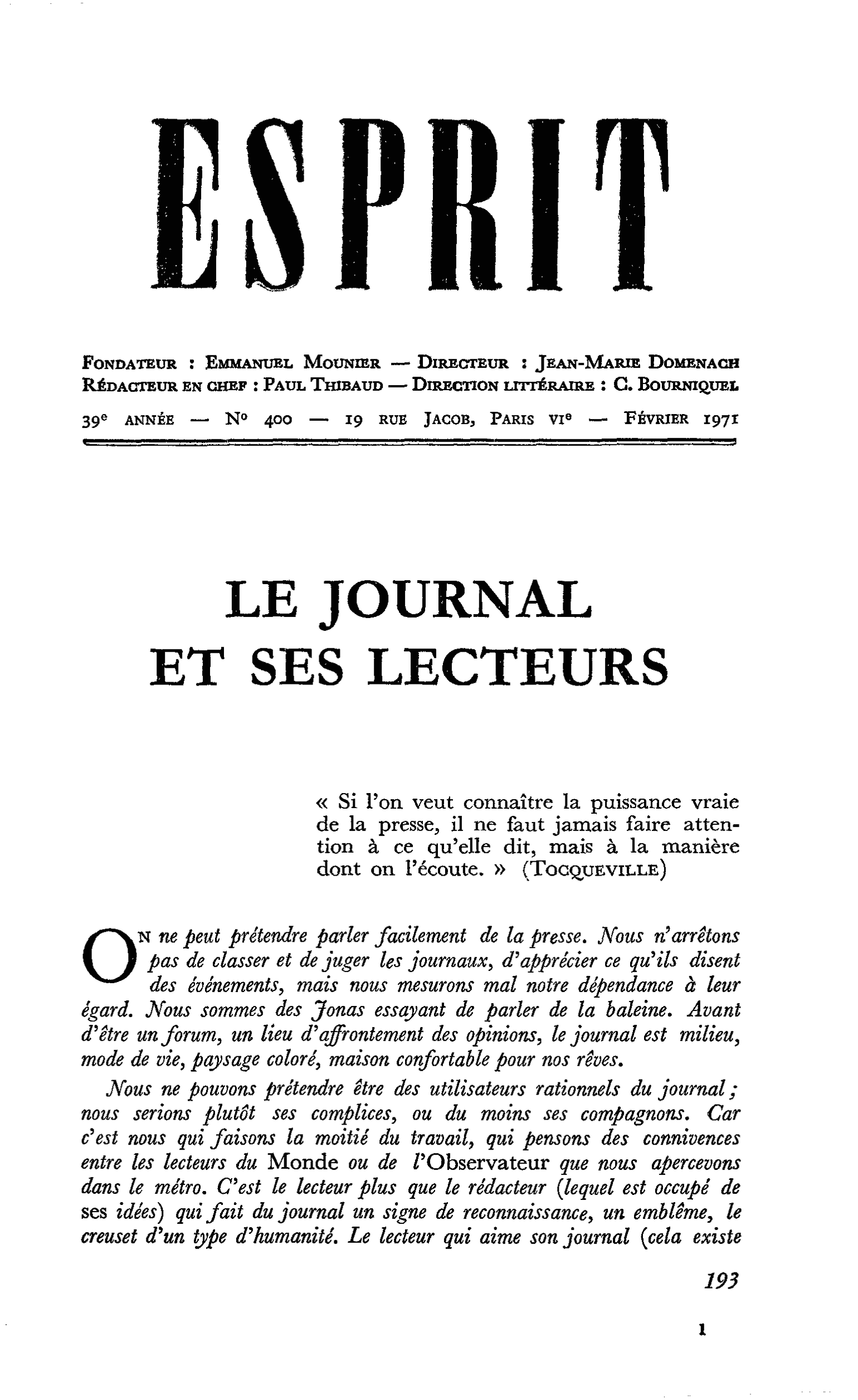LE JOURNAL ET SES LECTEURS