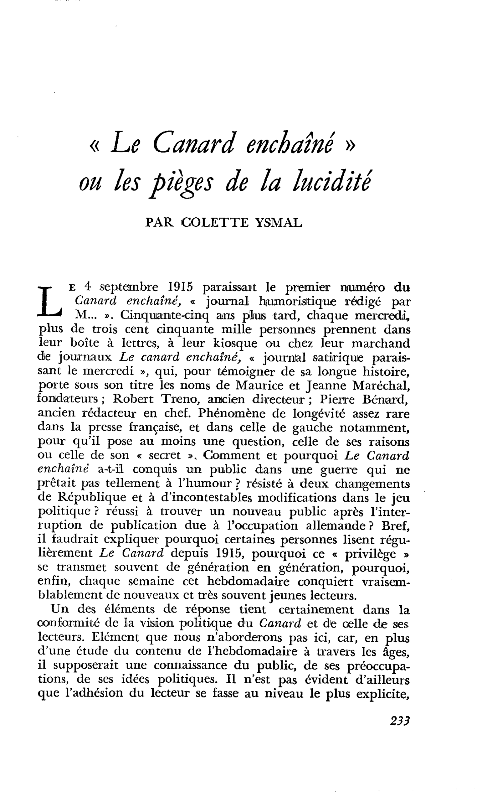 « Le Canard enchaîné » ou les pièges de la lucidité