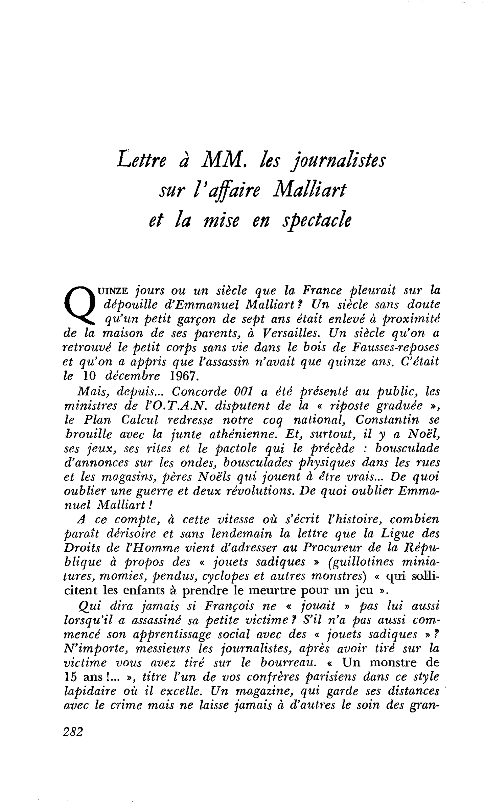 Lettre à MM. les journalistes sur l’affaire Malliart et la mise en spectacle