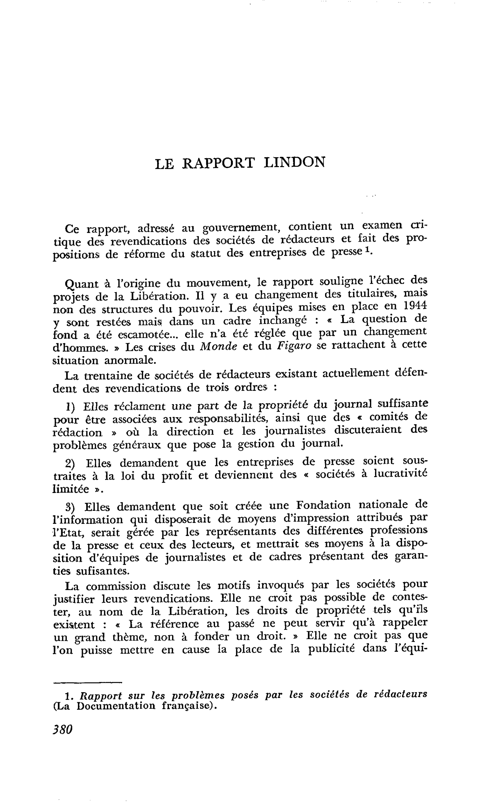 LE RAPPORT LINDON