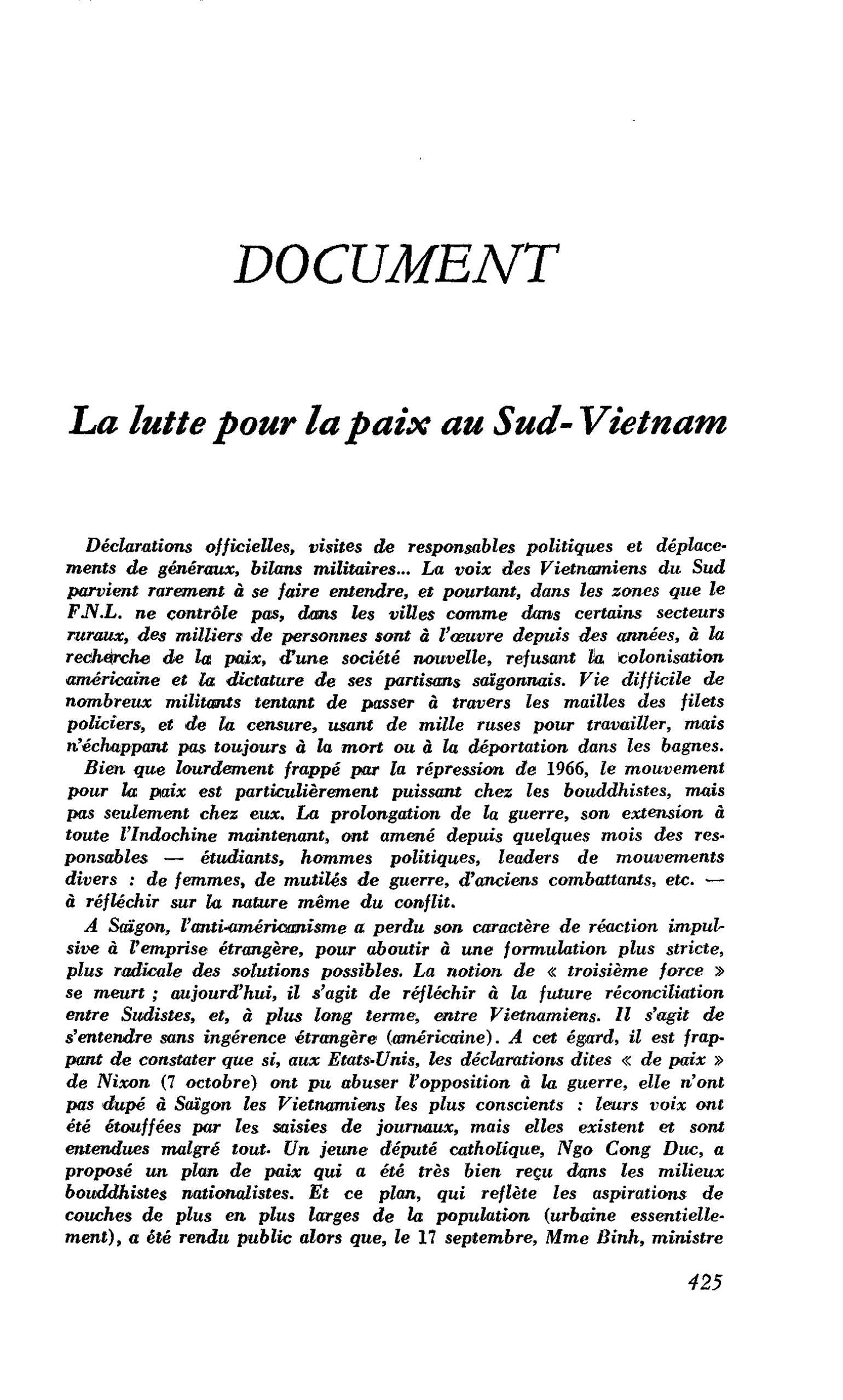 La lutte pour la paix au Sud- Vietnam
