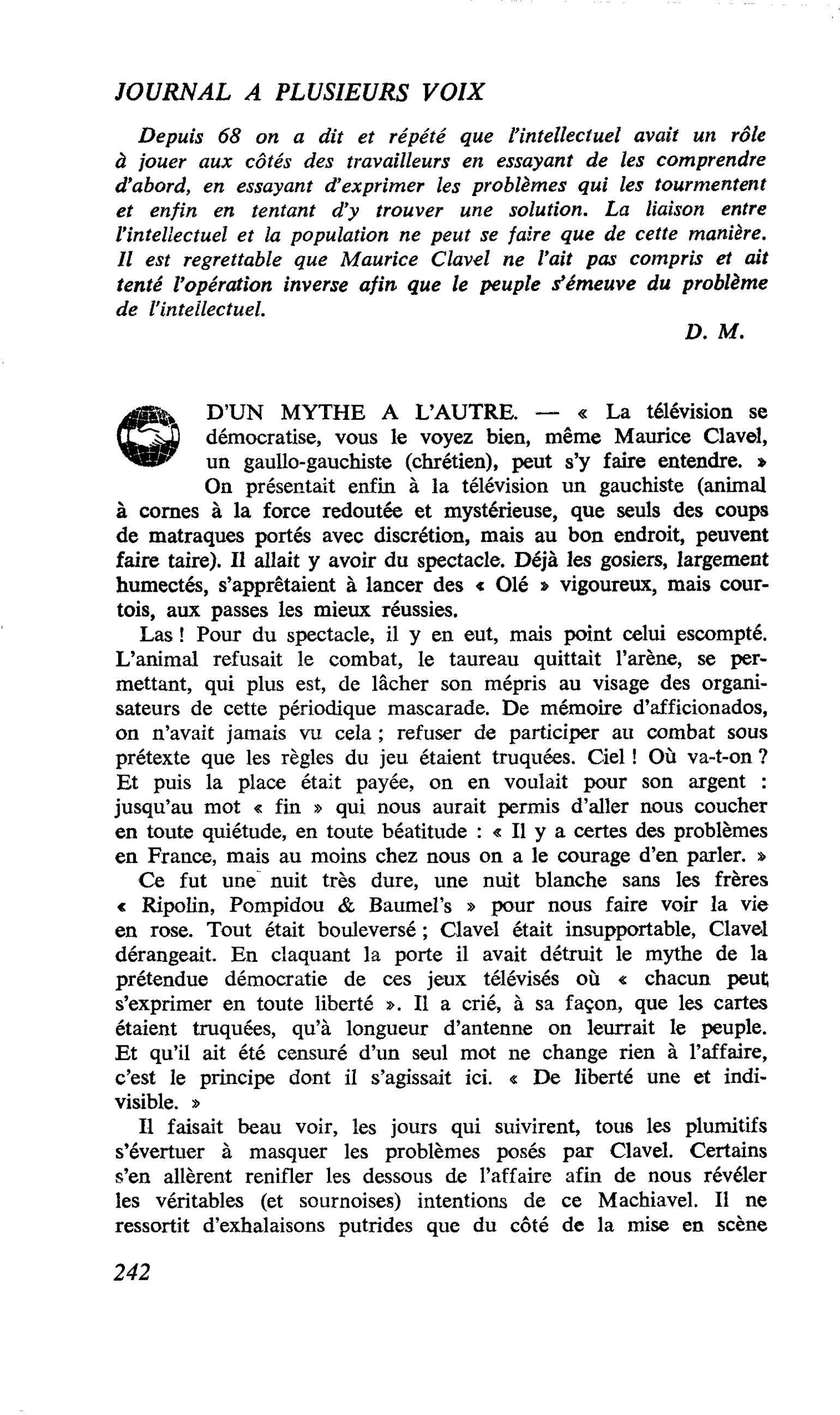 D’UN MYTHE A L’AUTRE