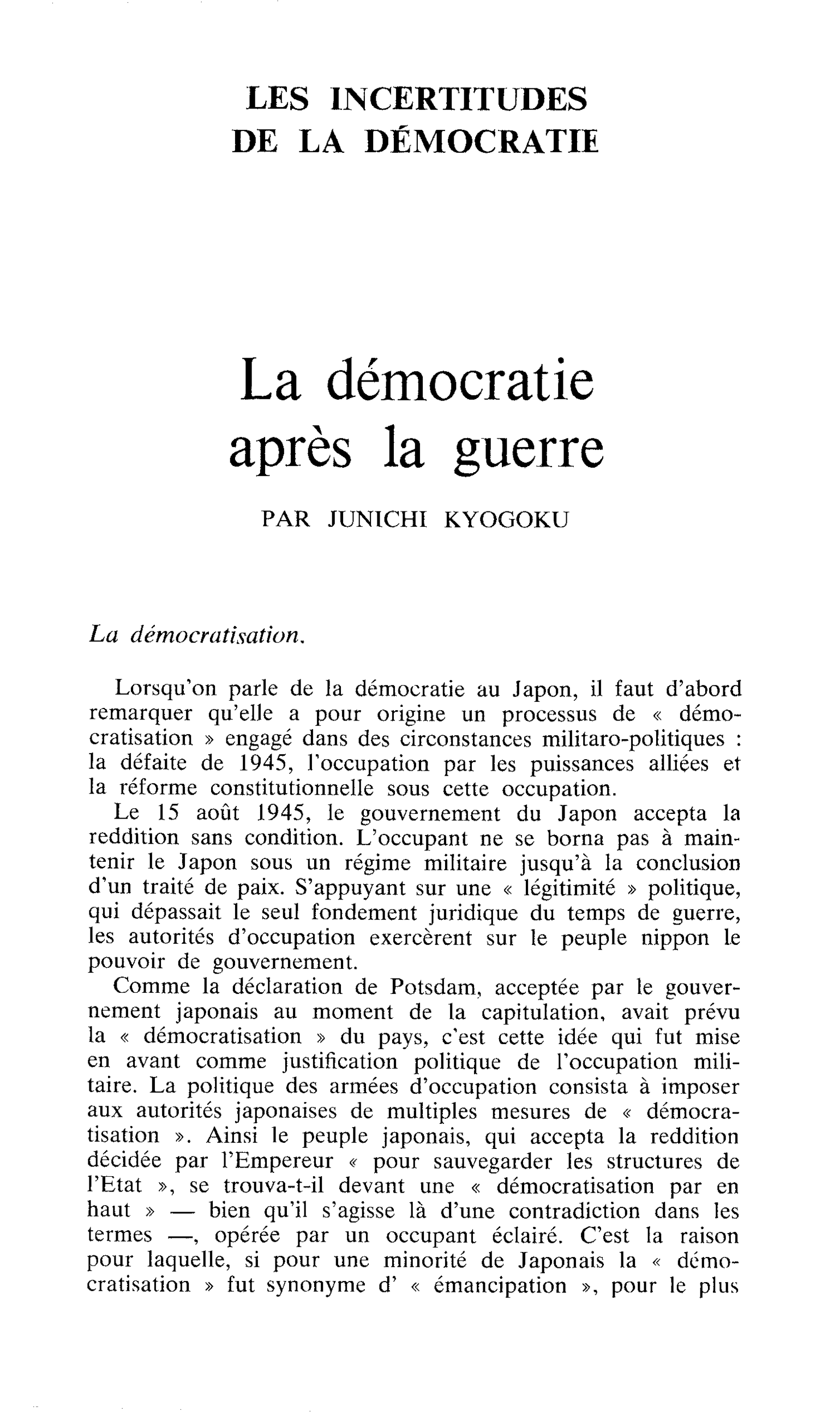 La démocratie après la guerre