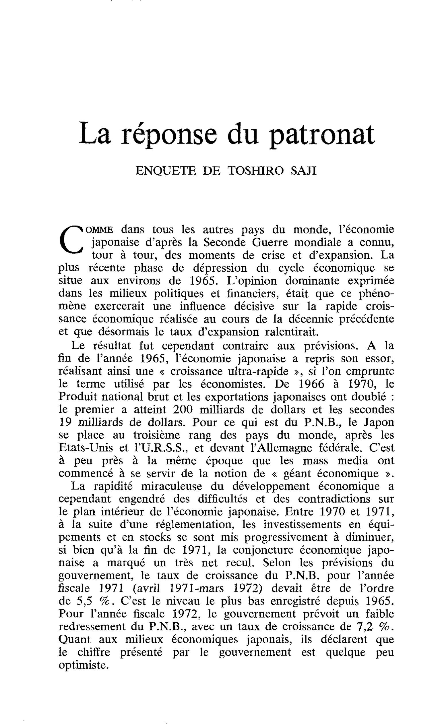 La réponse du patronat. ENQUETE DE TOSHIRO SAJI