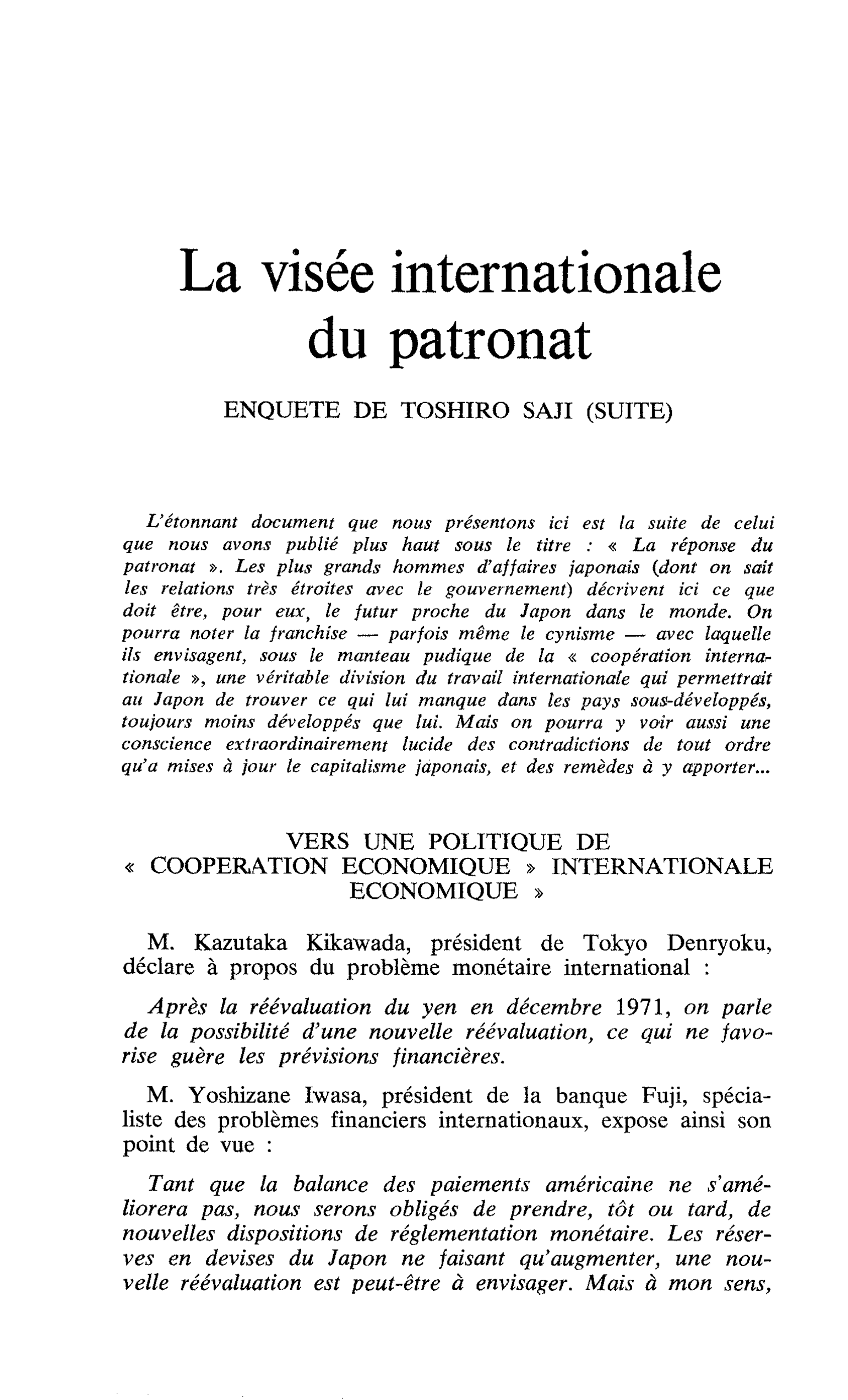 La visée internationale du patronat. ENQUETE DE TOSHIRO SAJI (SUITE)