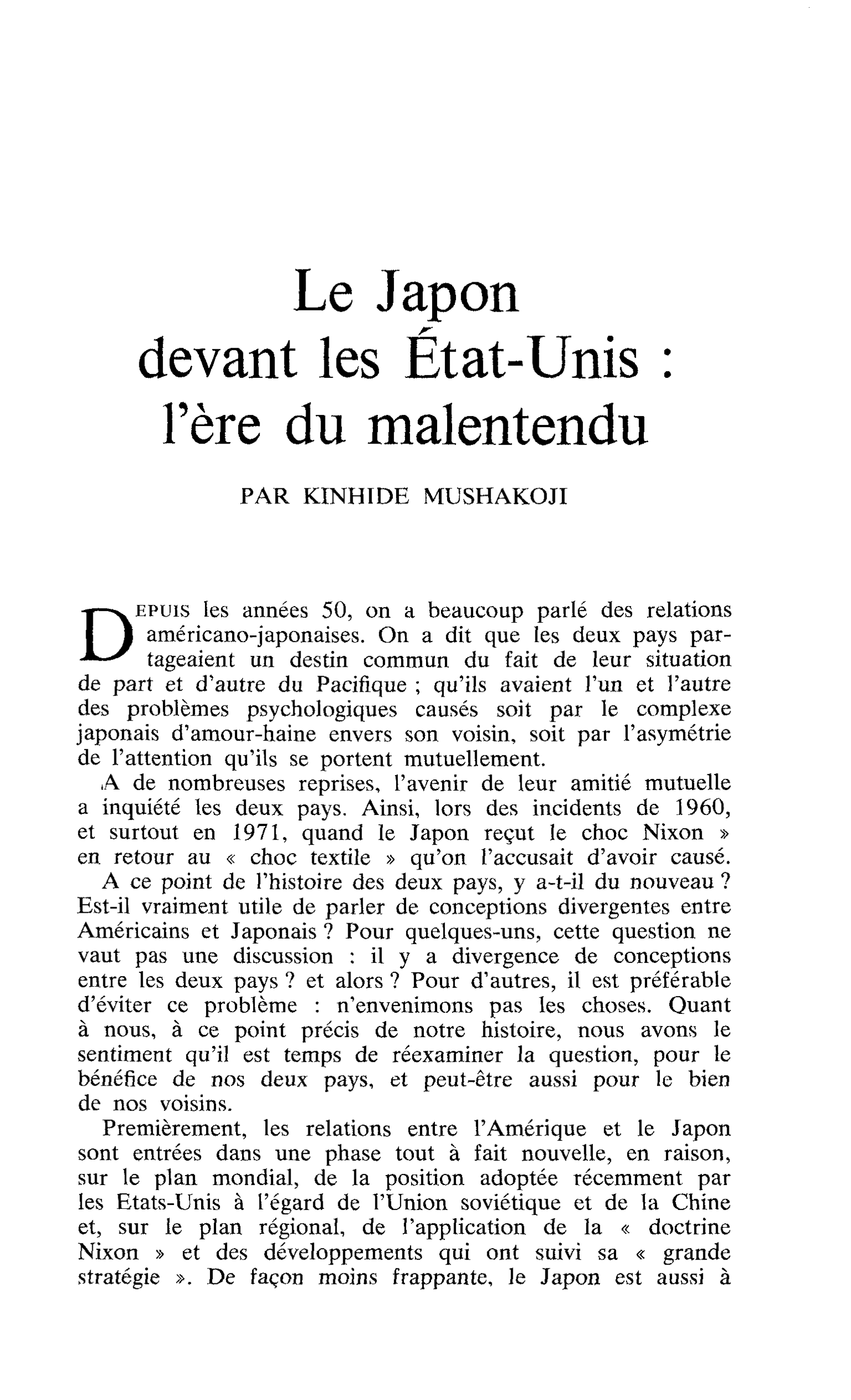 Le Japon devant les État-Unis : l’ère du malentendu