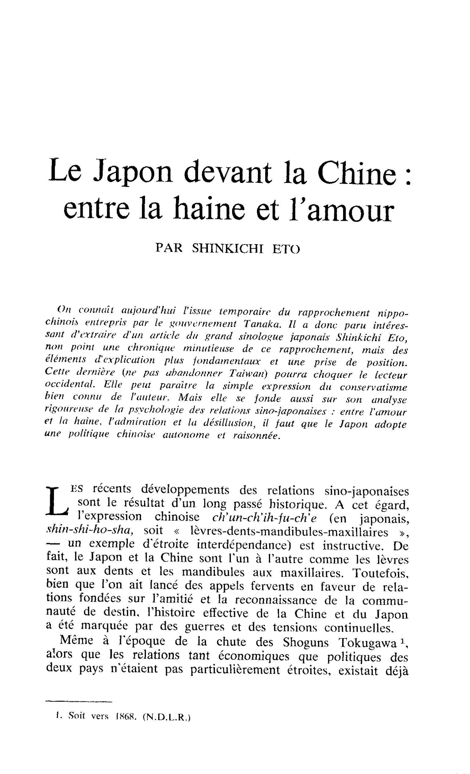 Le Japon devant la Chine : entre la haine et l’amour