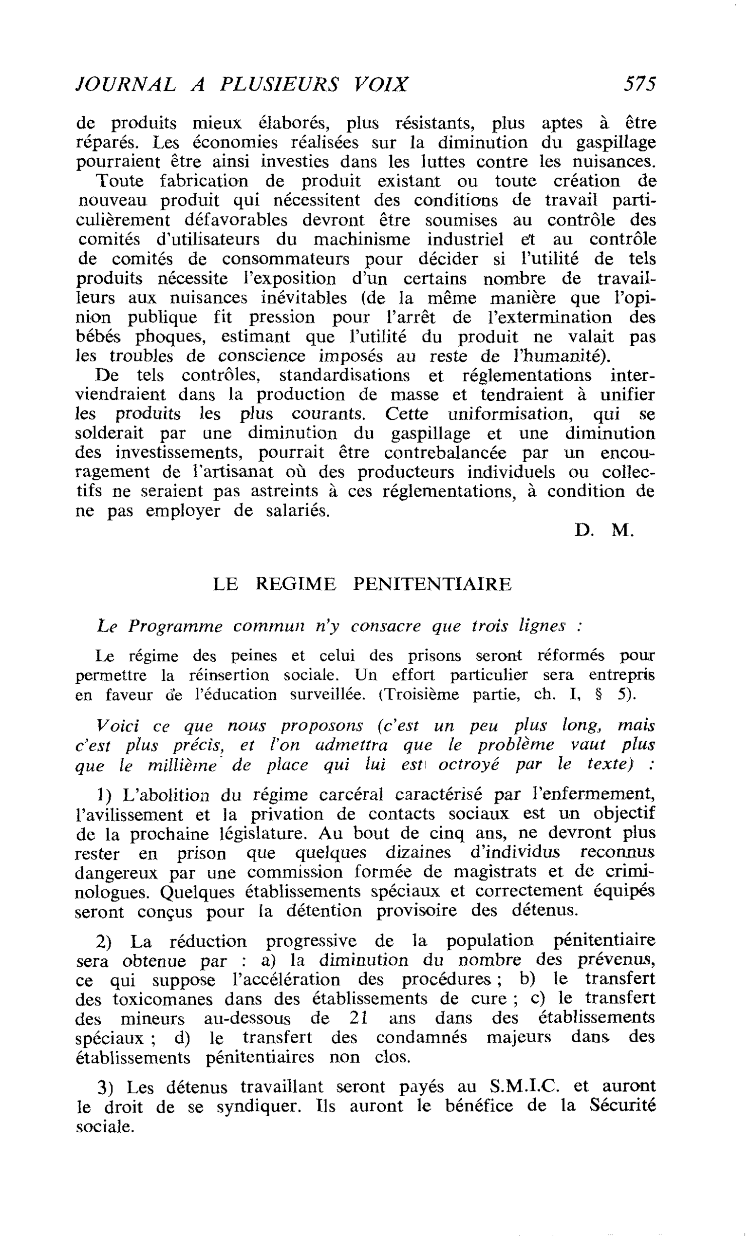 ELEMENTS POUR UN PROGRAMME COMMUN : LE REGIME PENITENTIAIRE