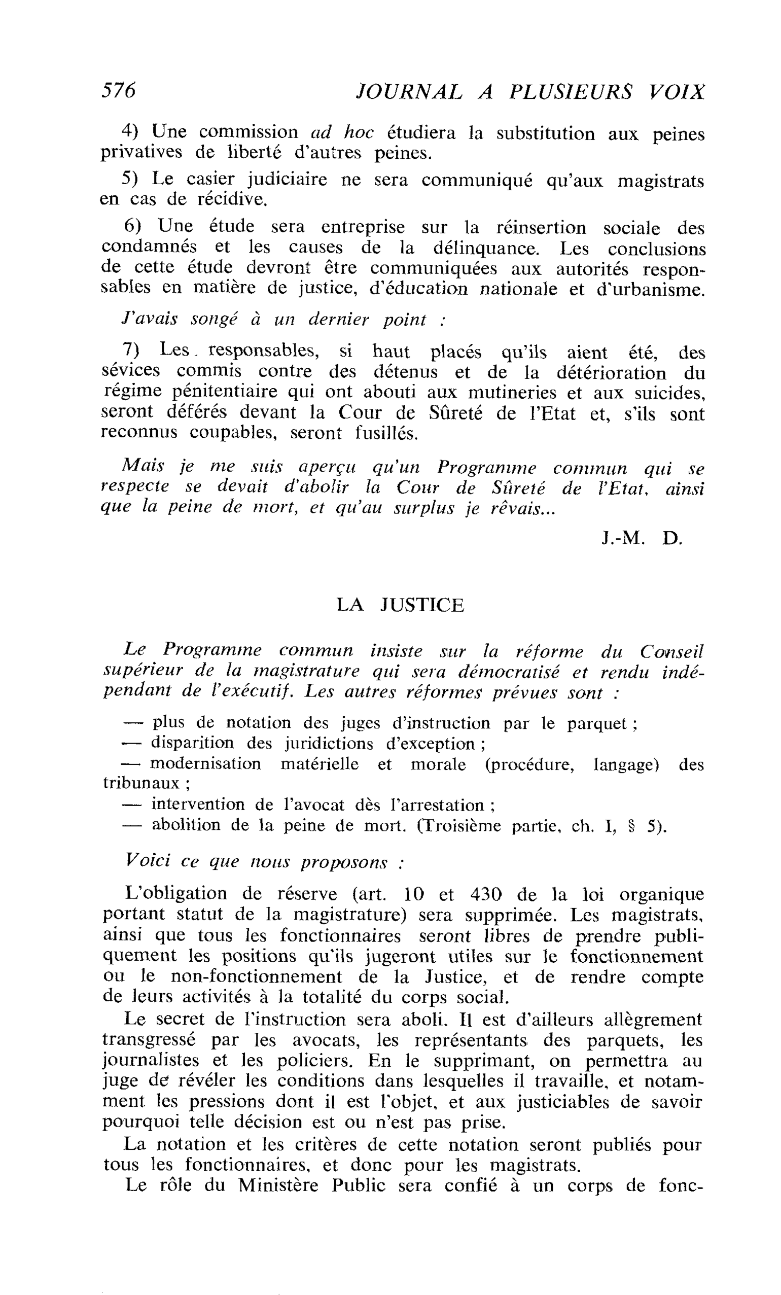 ELEMENTS POUR UN PROGRAMME COMMUN : LA JUSTICE
