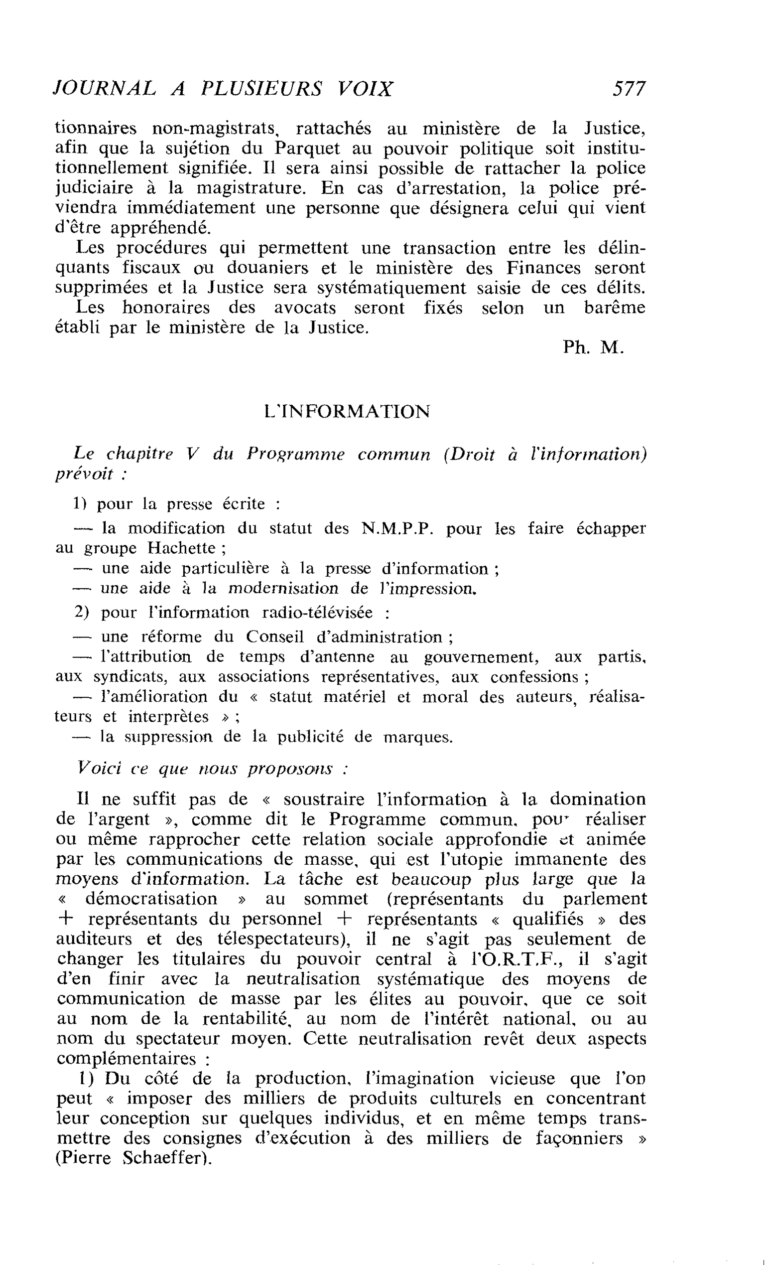 ELEMENTS POUR UN PROGRAMME COMMUN : L’INFORMATION