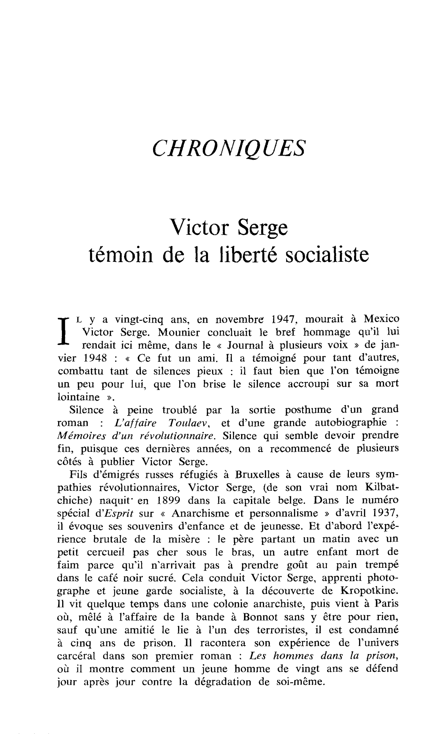 Victor Serge témoin de la liberté socialiste