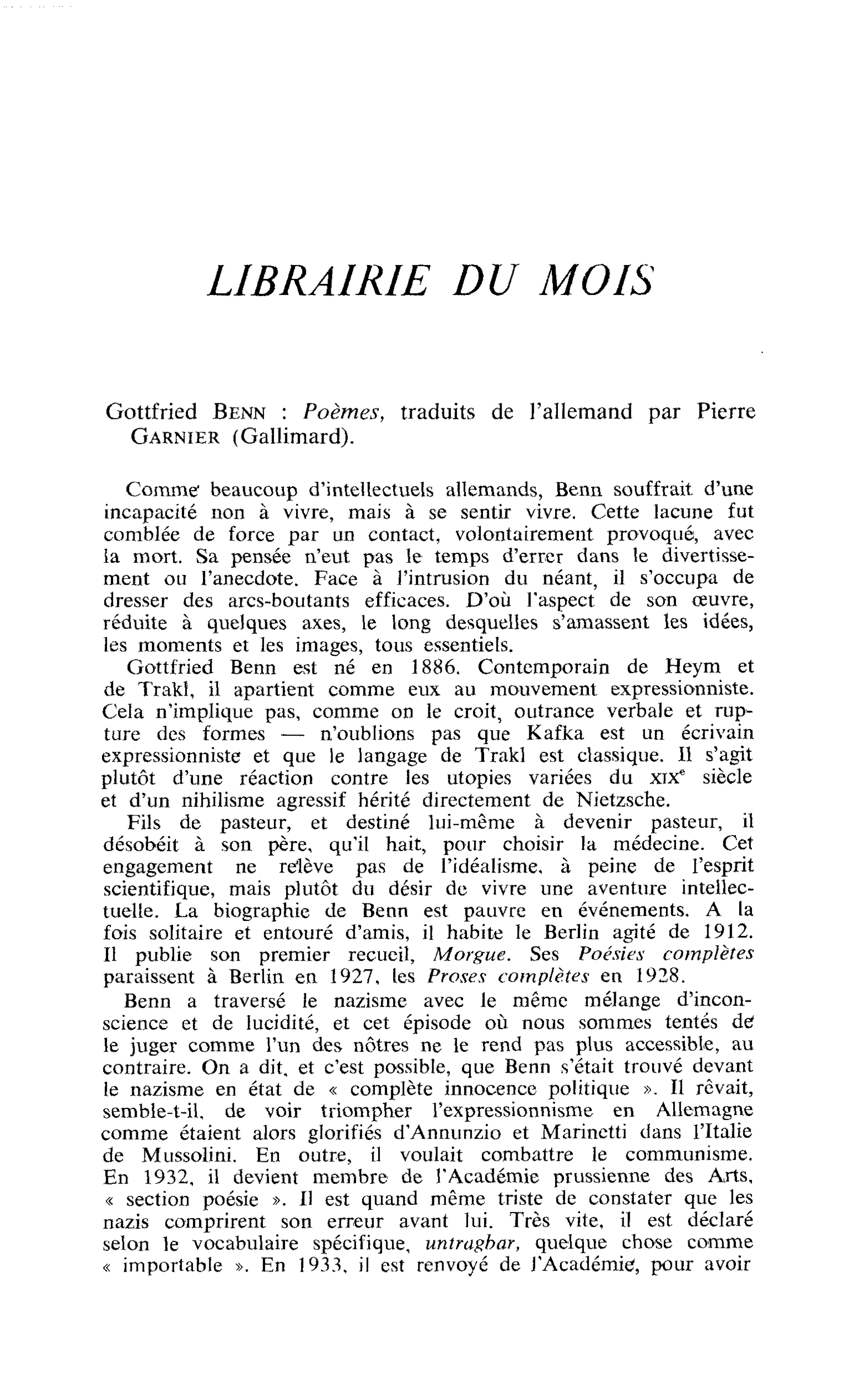 Gottfried Benn : Poèmes, traduits de l’allemand par Pierre Garnier
