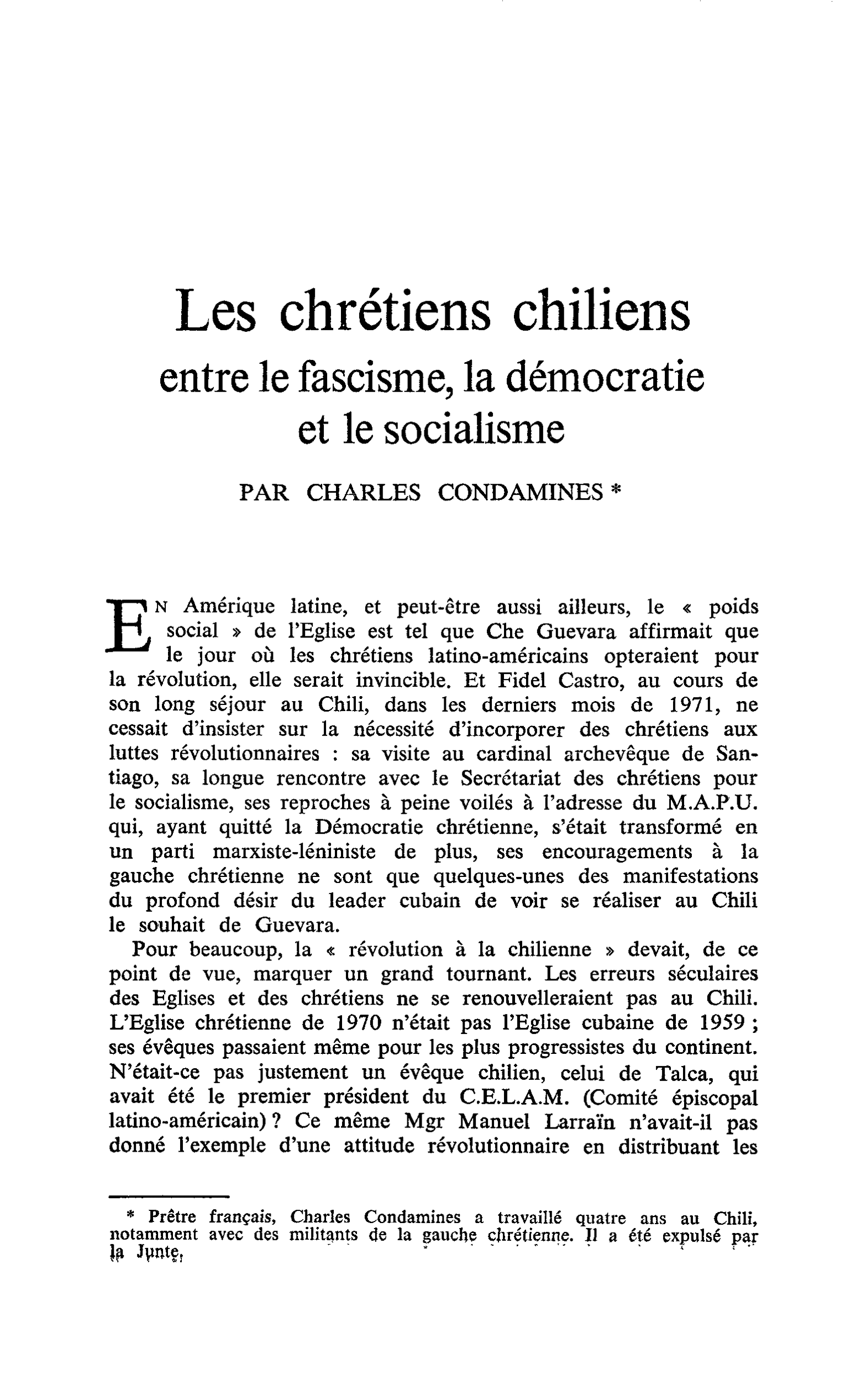 Les chrétiens chiliens entre le fascisme, la démocratie et le socialisme