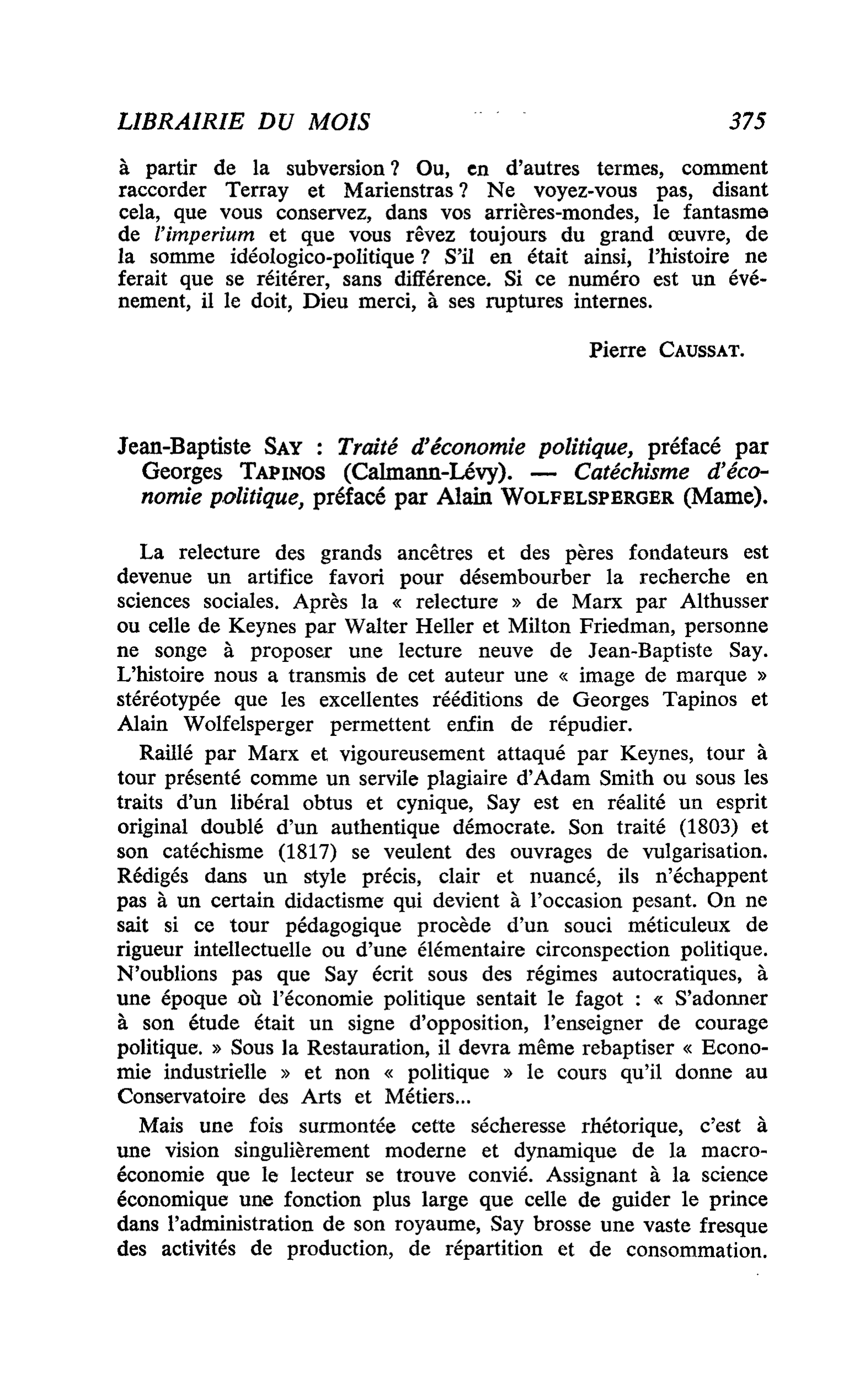 Jean-Baptiste Say : Traité d’économie politique. ? Catéchisme d’économie politique